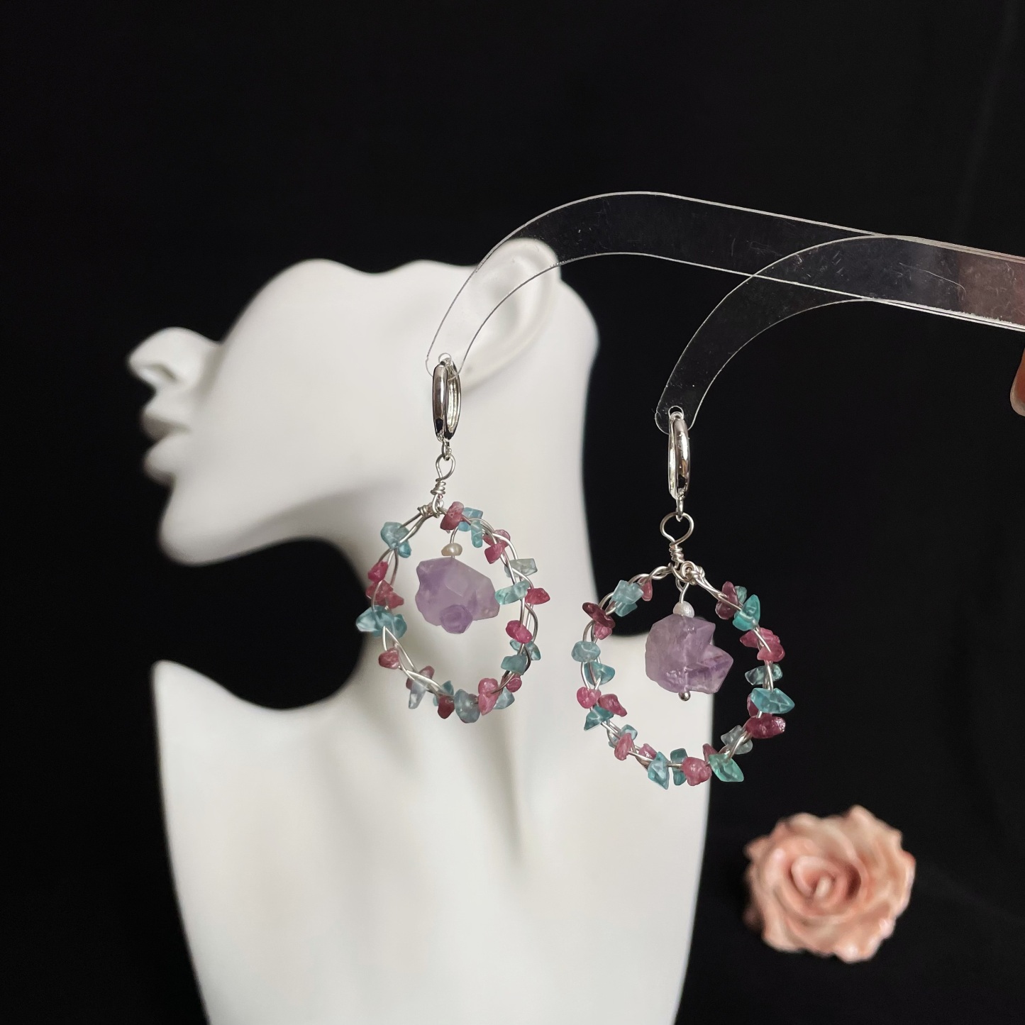 Handmade Woven Pink Tourmaline and Blue Apatite Garland with Amethyst Earrings