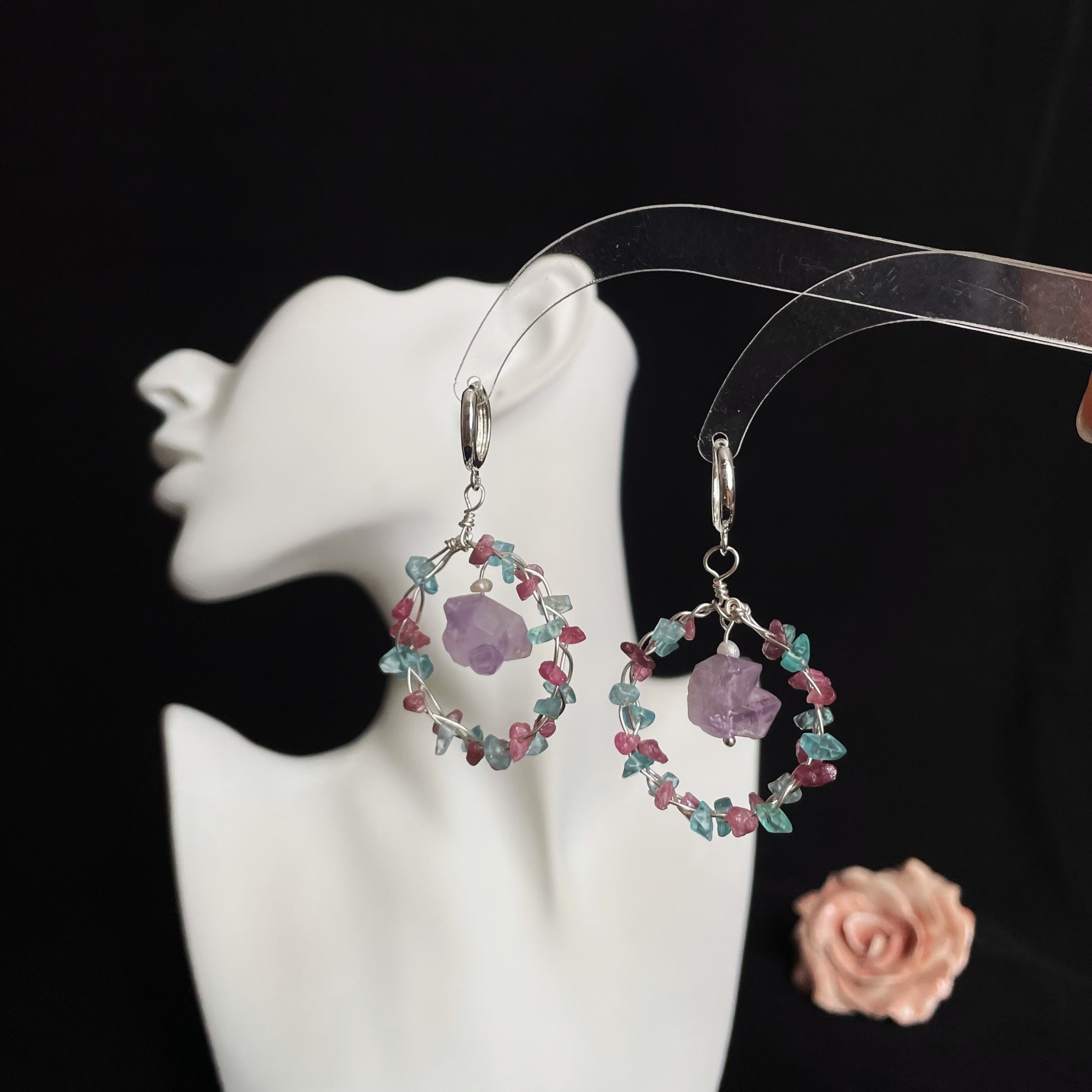 Handmade Woven Pink Tourmaline and Blue Apatite Garland with Amethyst Earrings