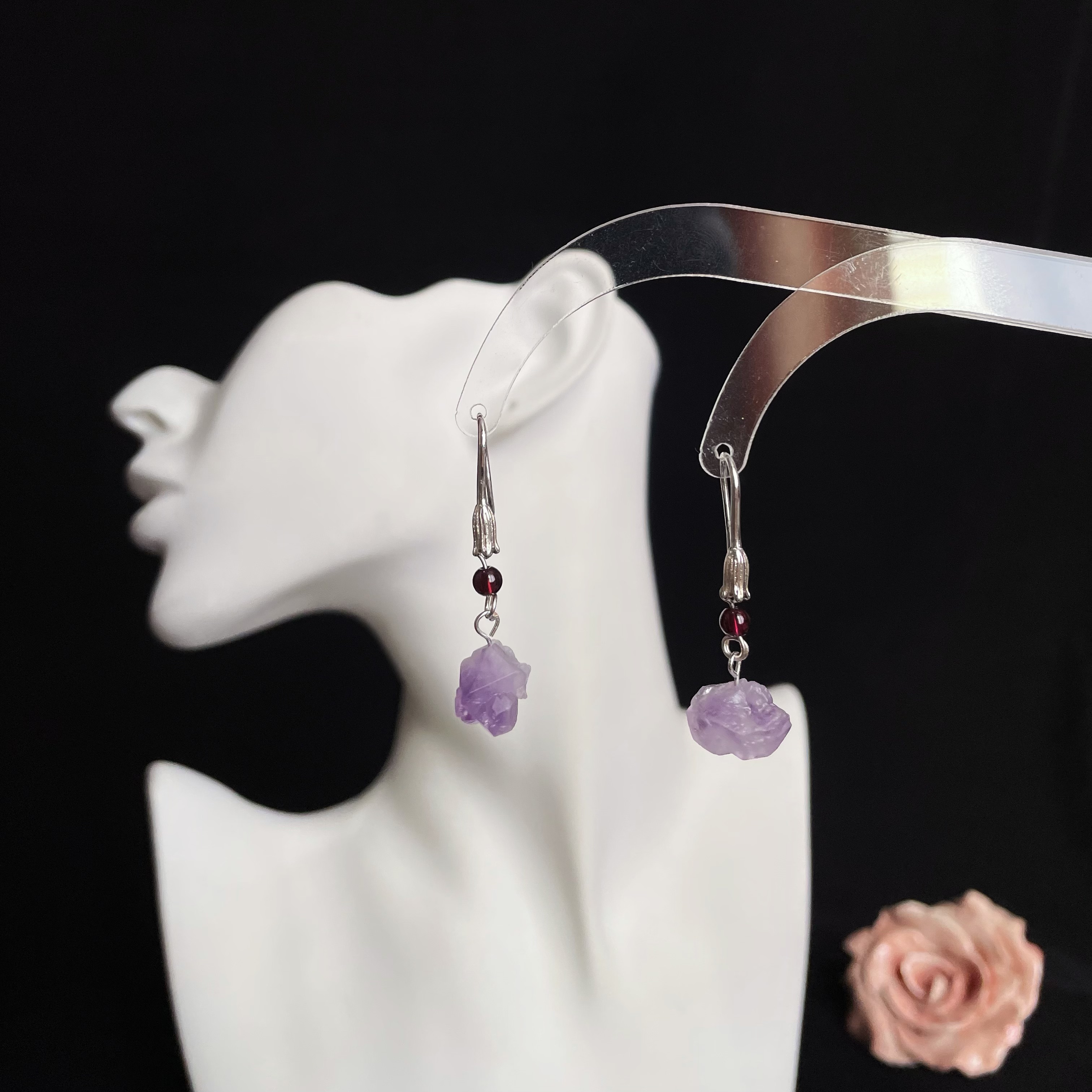 Handmade Minimalist Amethyst Raw stones Drop Earrings