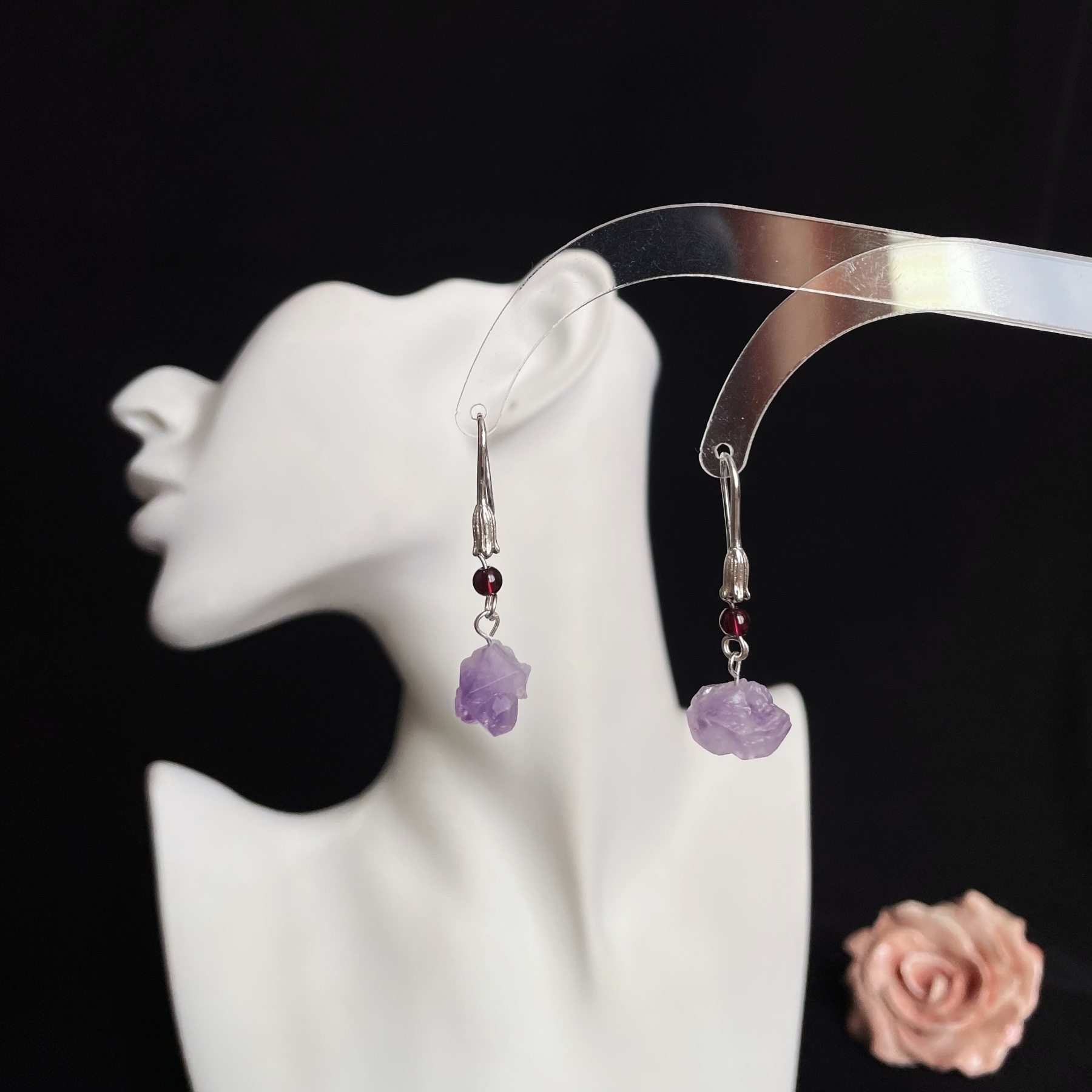 Handmade Minimalist Amethyst Raw stones Drop Earrings