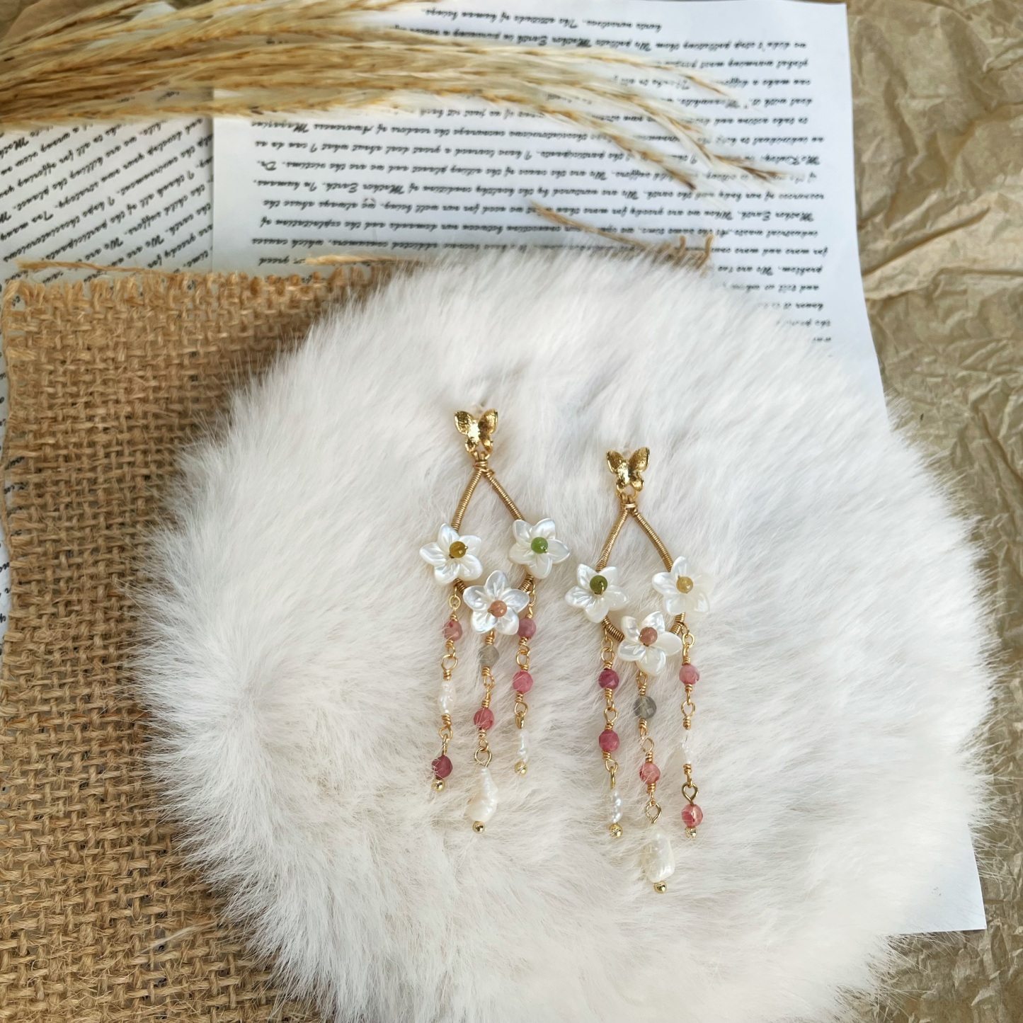 Handmade Blossom Whisper Mother of Pearl Flower Earrings with Pink Tourmaline and Keshi Pearls Drop