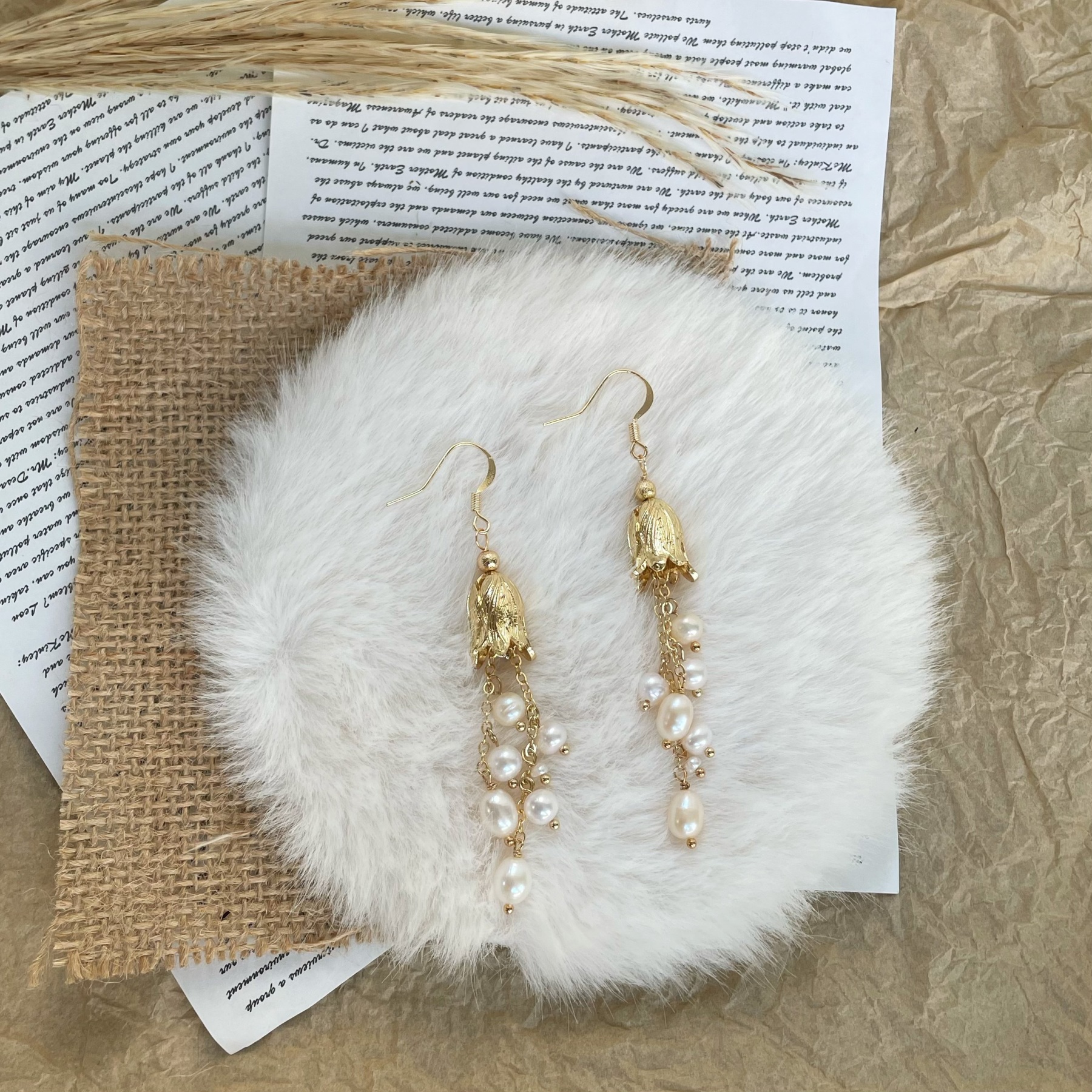 Handmade Delicate Pearls Drop Lily of the Valley Long Earrings