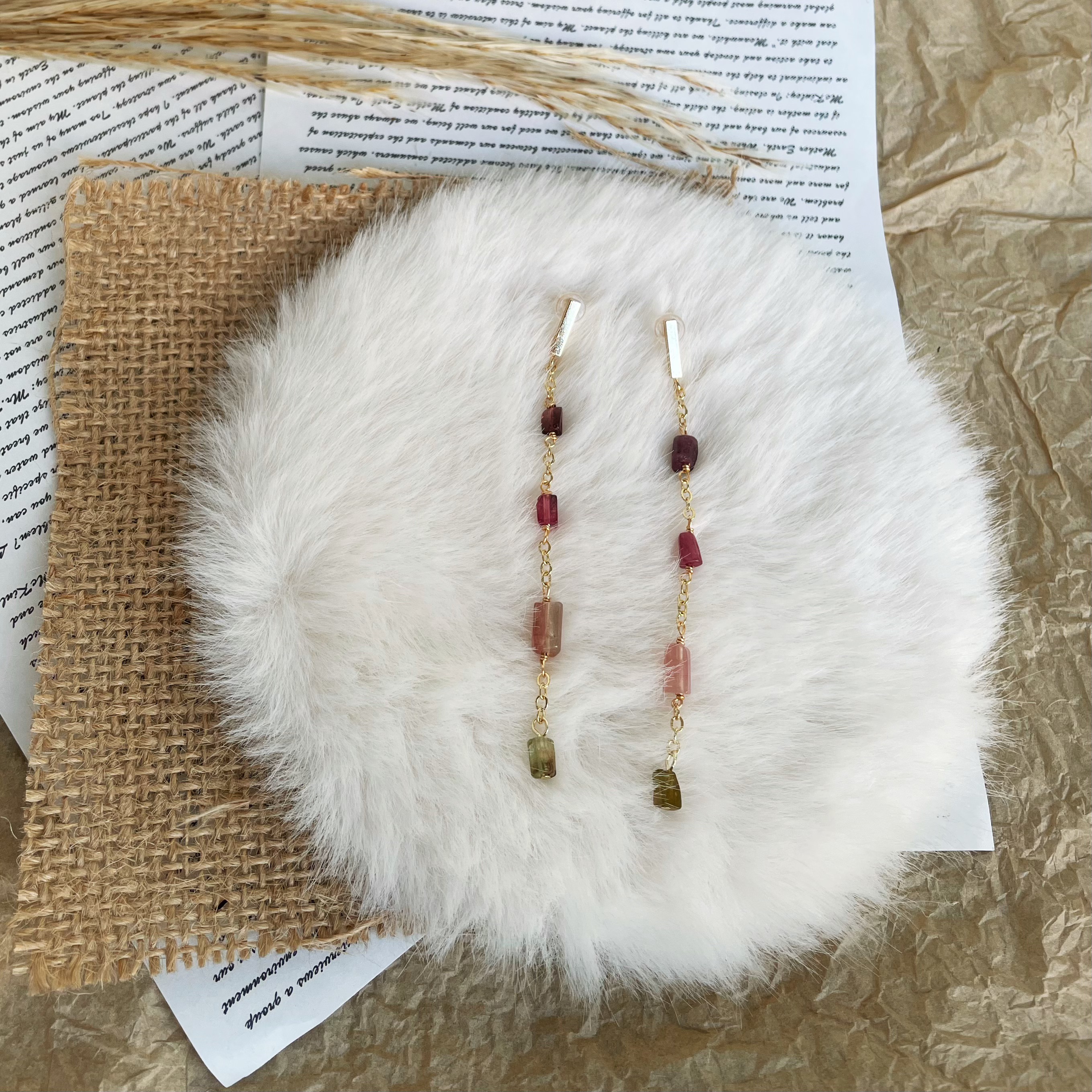 Handmade Raw Column Tourmaline Elegant Minimal Gold Chain Dangles Long Drop Earrings One-of-a-Kind