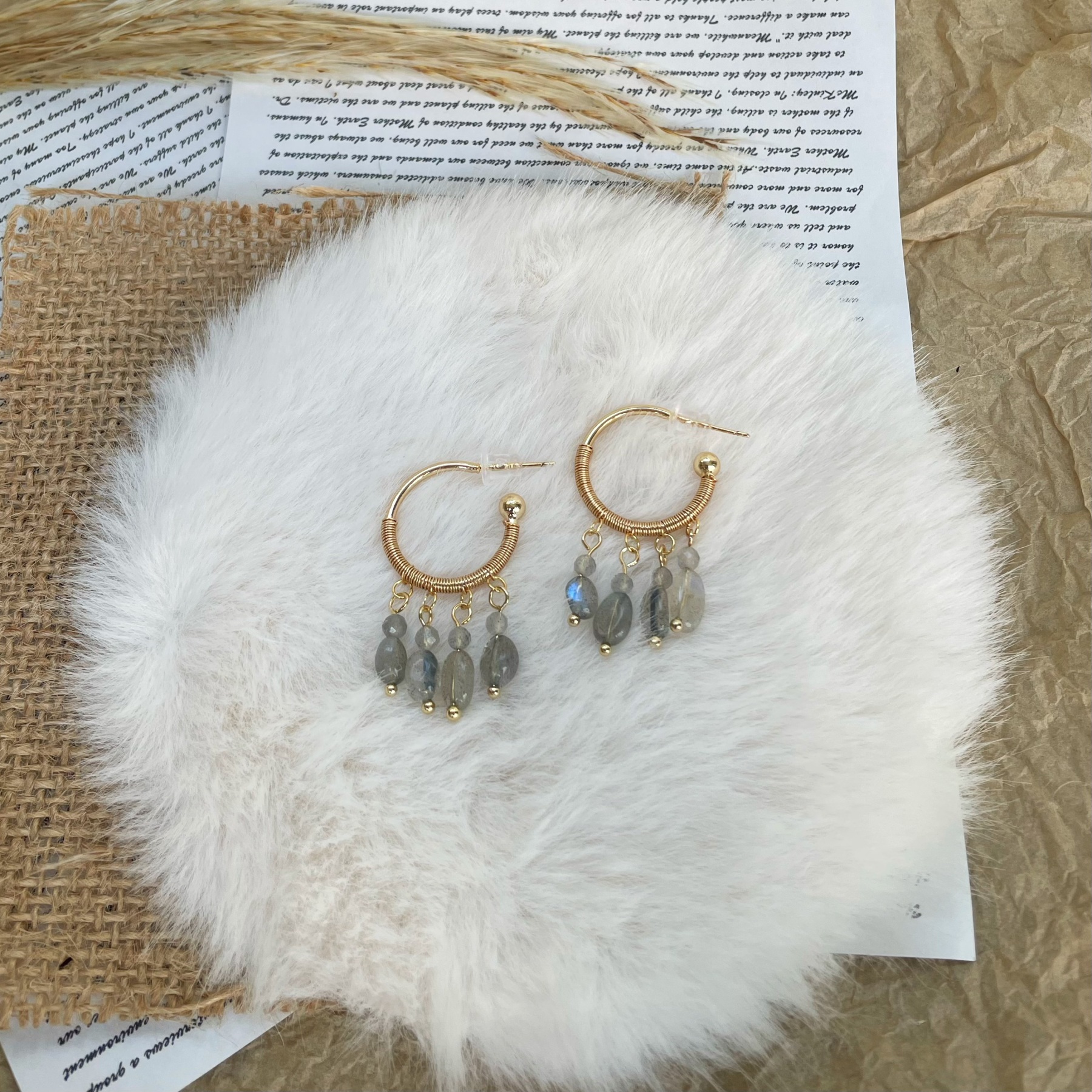 Handmade Delicate Wirewrapped Labradorite Fringe Drop Hoop Earrings 