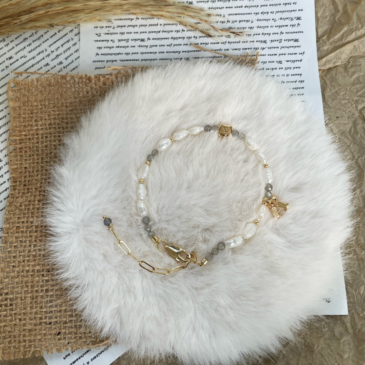 Handmade Cute Labradorite and Irregular Keshi Pearls Bracelet with Cat and Fish Charm