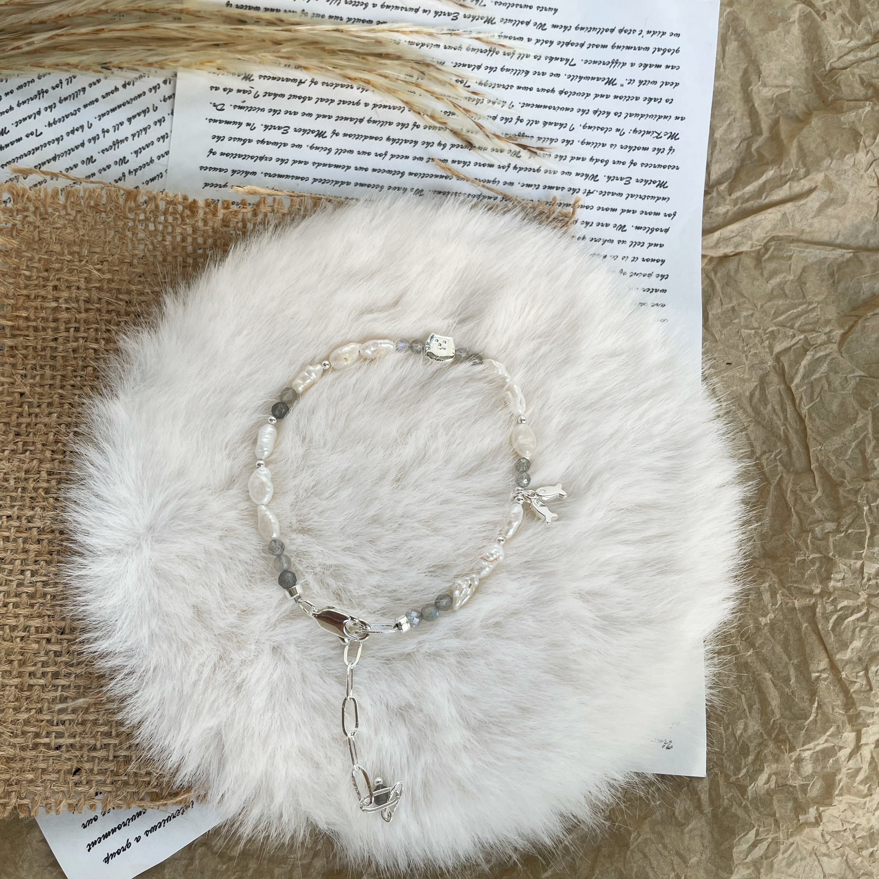 Handmade Cute Labradorite and Irregular Keshi Pearls Bracelet with Cat and Fish Charm