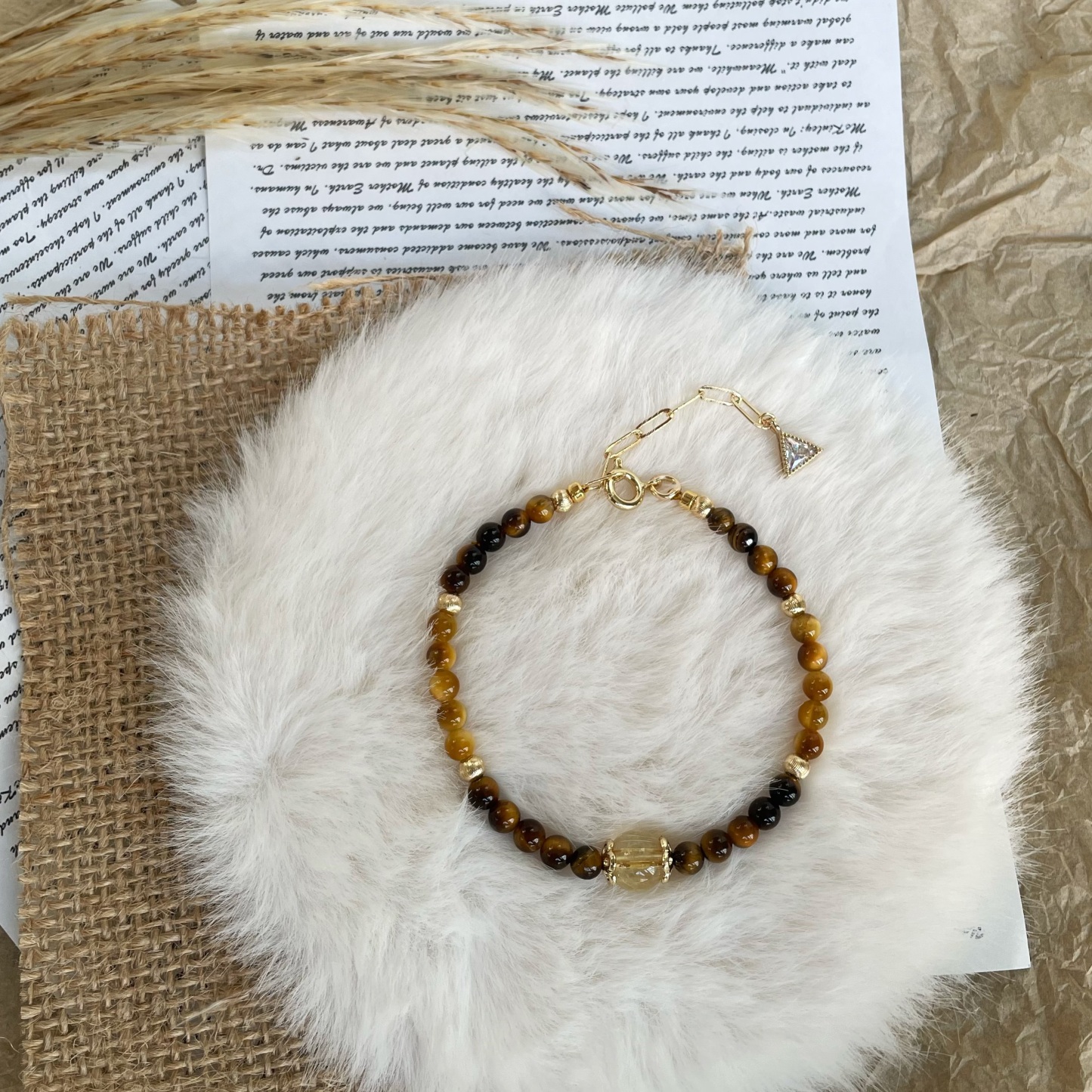 Handmade Abundance and Prosperity Bracelet Yellow Tiger’s Eye Golden Tiger’s Eye and Golden Rutilated Quartz Center