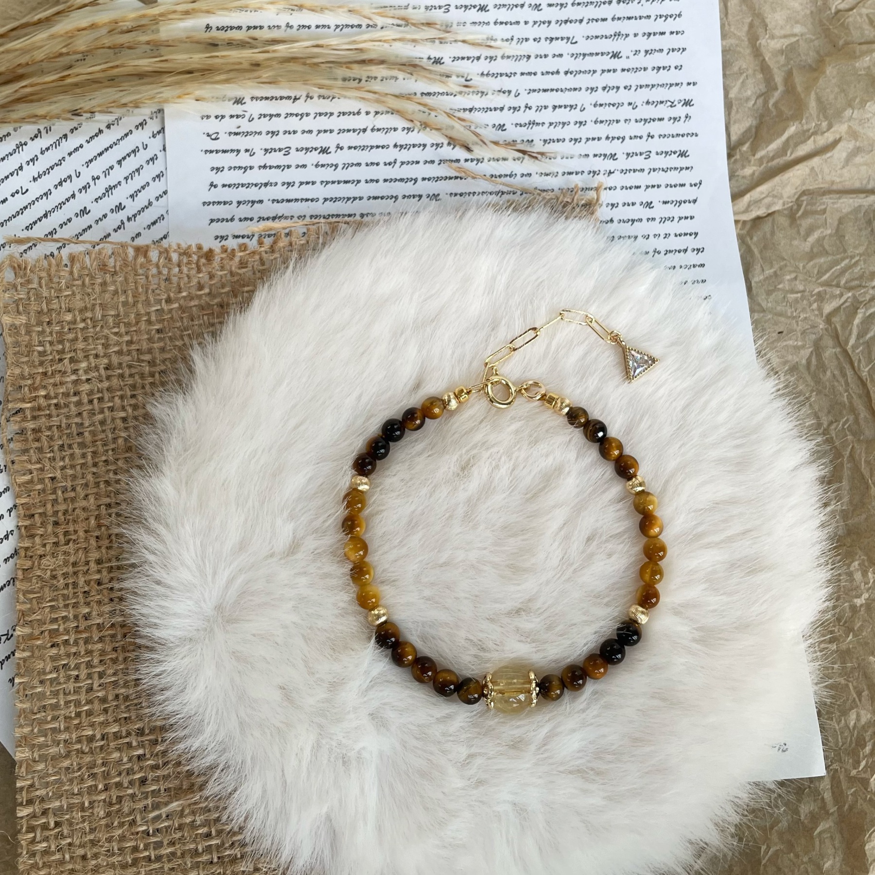 Handmade Abundance and Prosperity Bracelet Yellow Tiger’s Eye Golden Tiger’s Eye and Golden Rutilated Quartz Center
