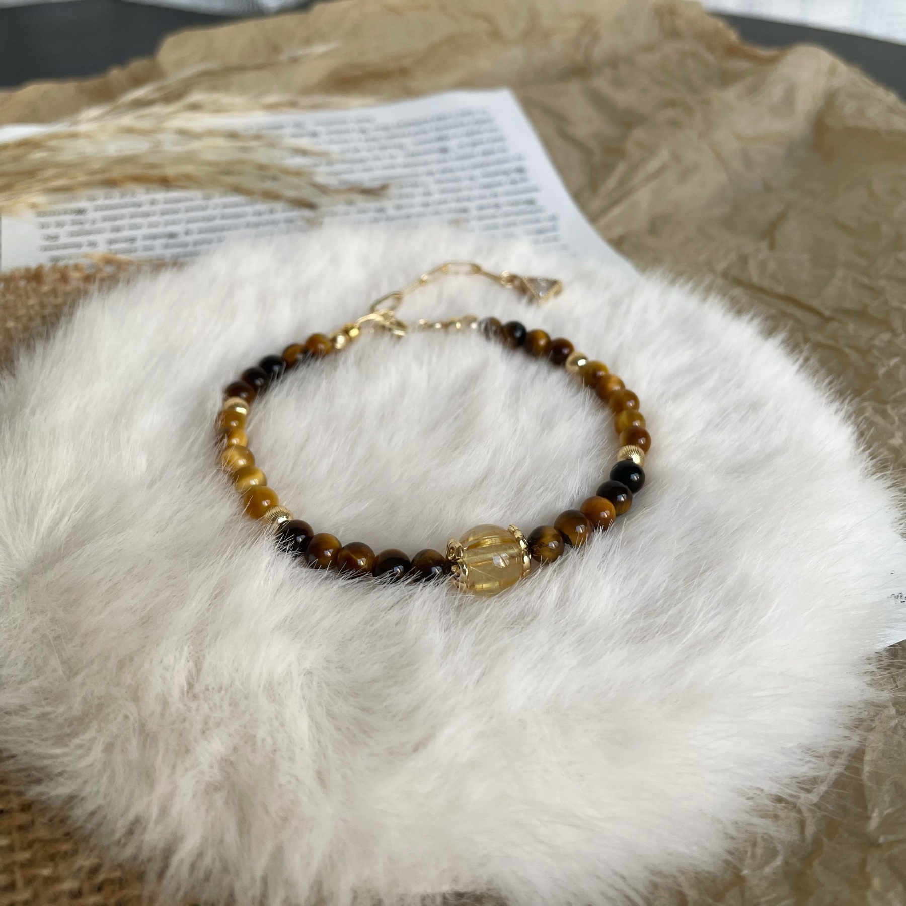 Handmade Abundance and Prosperity Bracelet Yellow Tiger’s Eye Golden Tiger’s Eye and Golden Rutilated Quartz Center