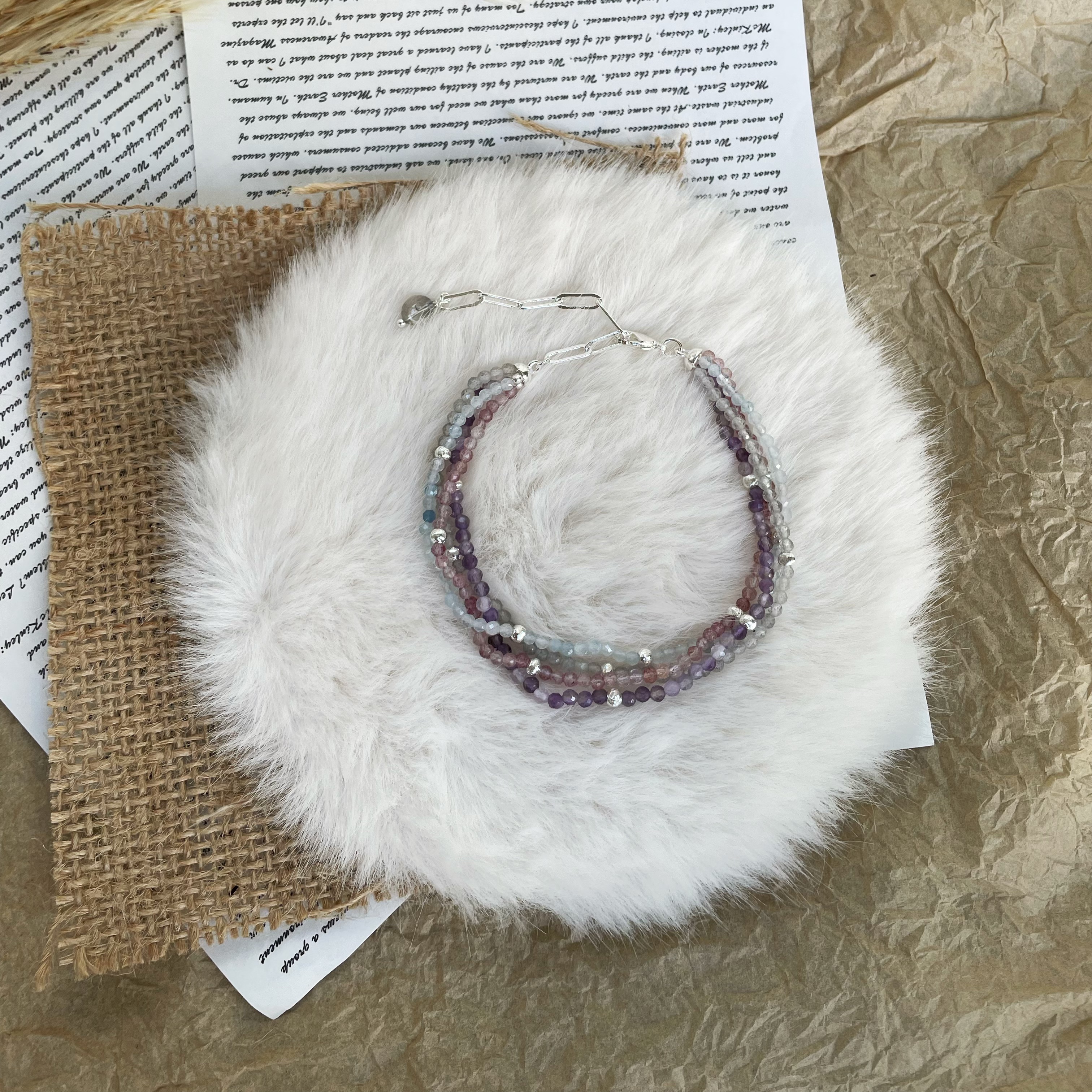 Handmade Dreamy Four Layers Gemstone Bracelet Amethyst Labradorite Strawberry Quartz and Aquamarine