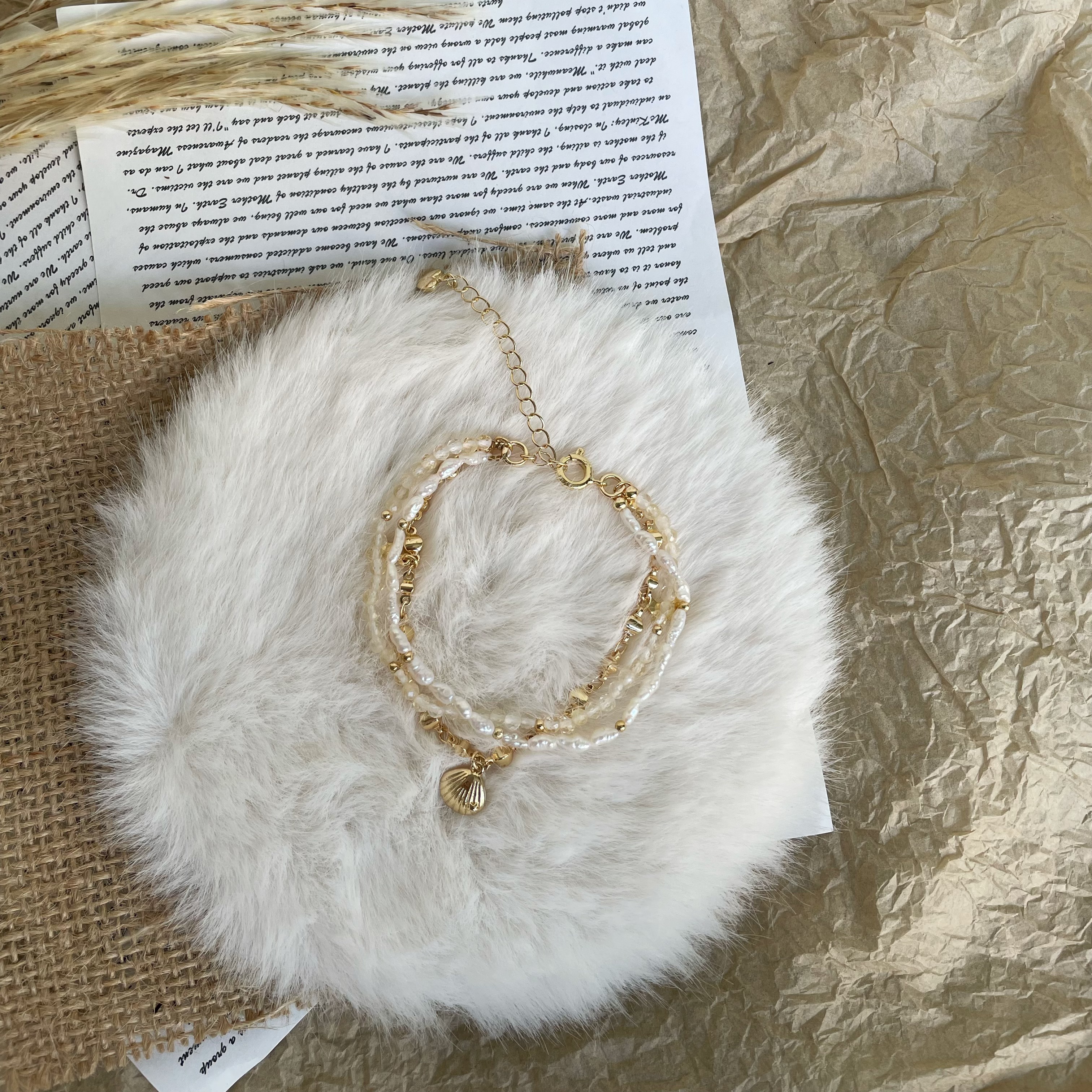 Handmade Delicate Celestial Shores Triple Layer Bracelet made of Keshi Pearl and Citrine