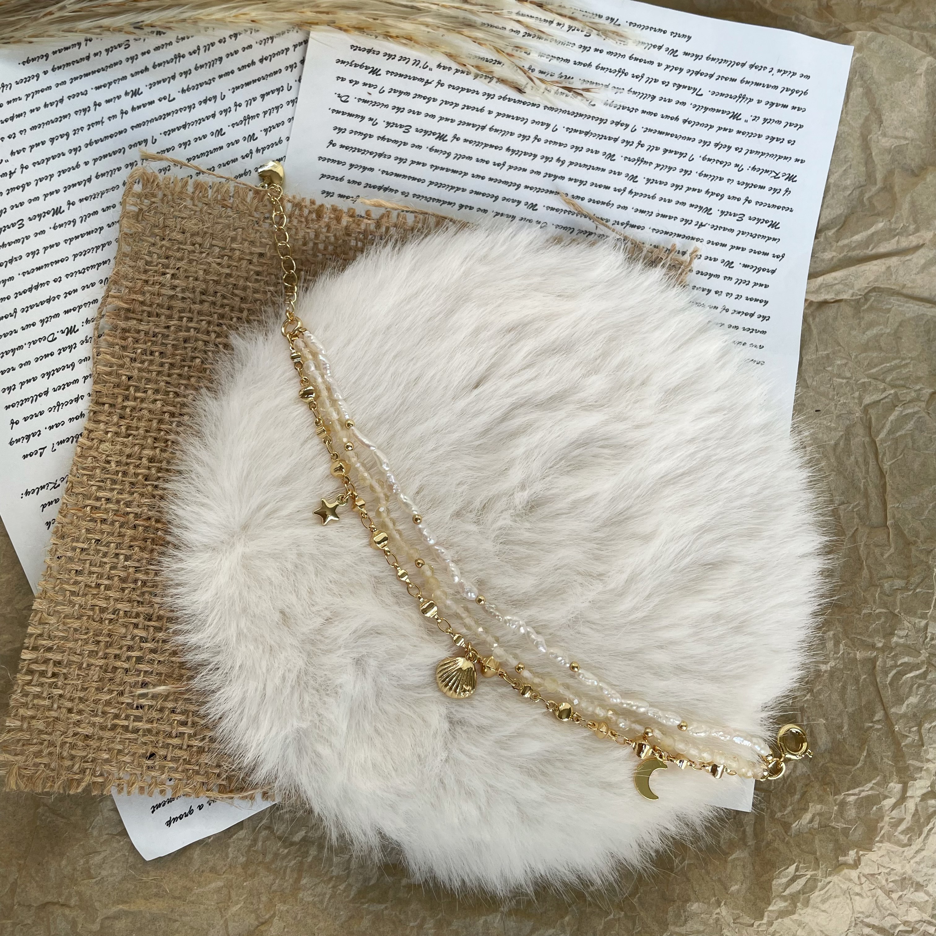 Handmade Delicate Celestial Shores Triple Layer Bracelet made of Keshi Pearl and Citrine