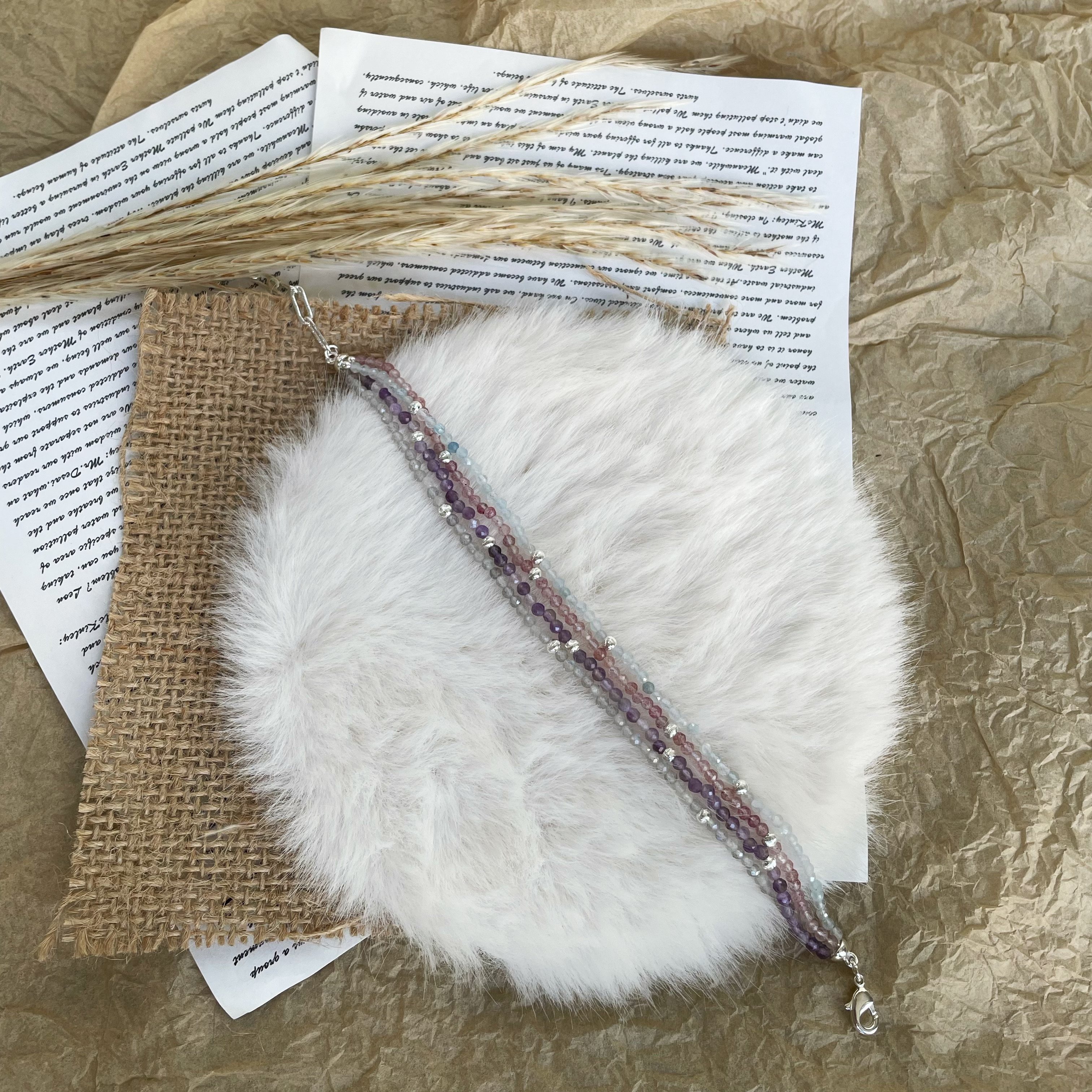 Handmade Dreamy Four Layers Gemstone Bracelet Amethyst Labradorite Strawberry Quartz and Aquamarine