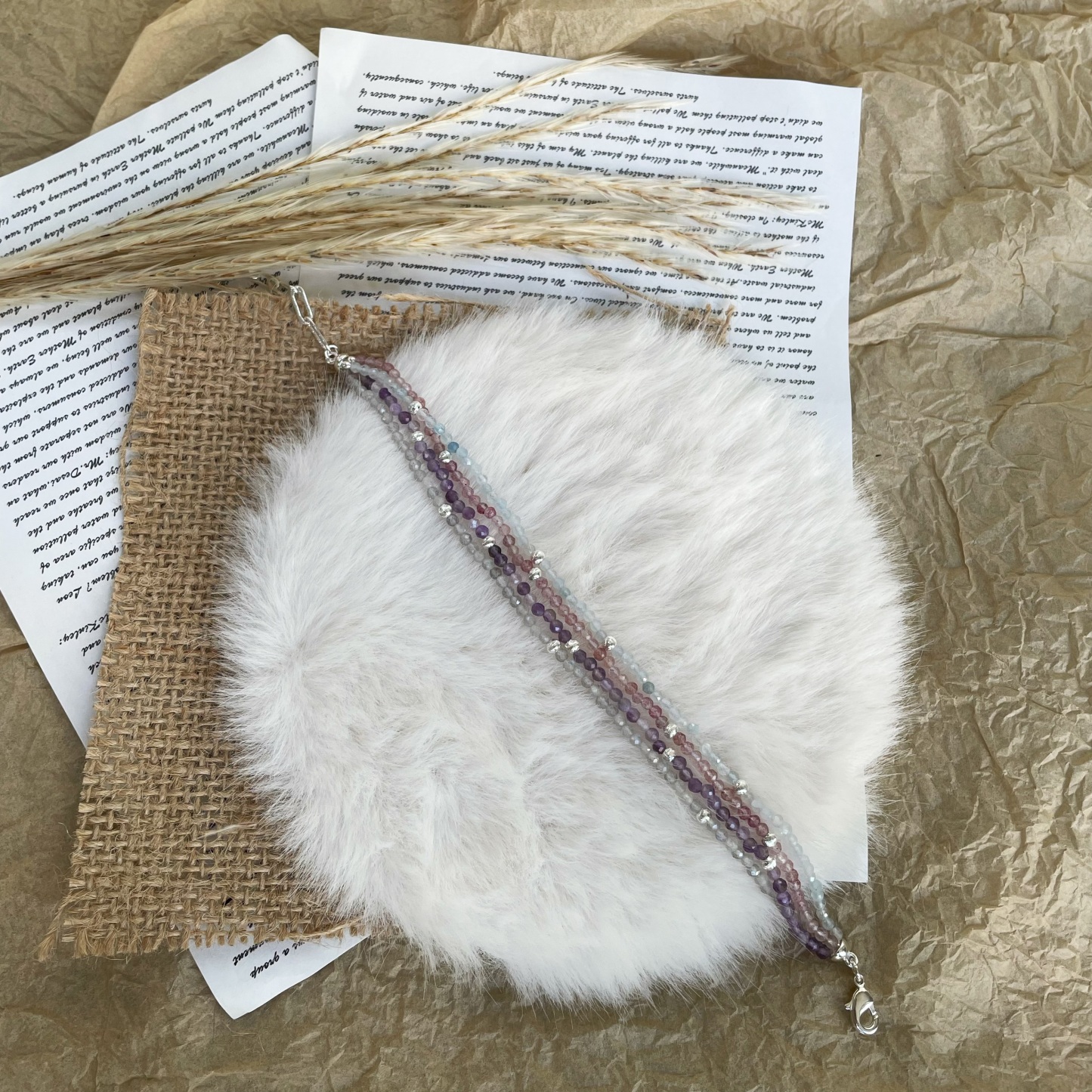 Handmade Dreamy Four Layers Gemstone Bracelet Amethyst Labradorite Strawberry Quartz and Aquamarine