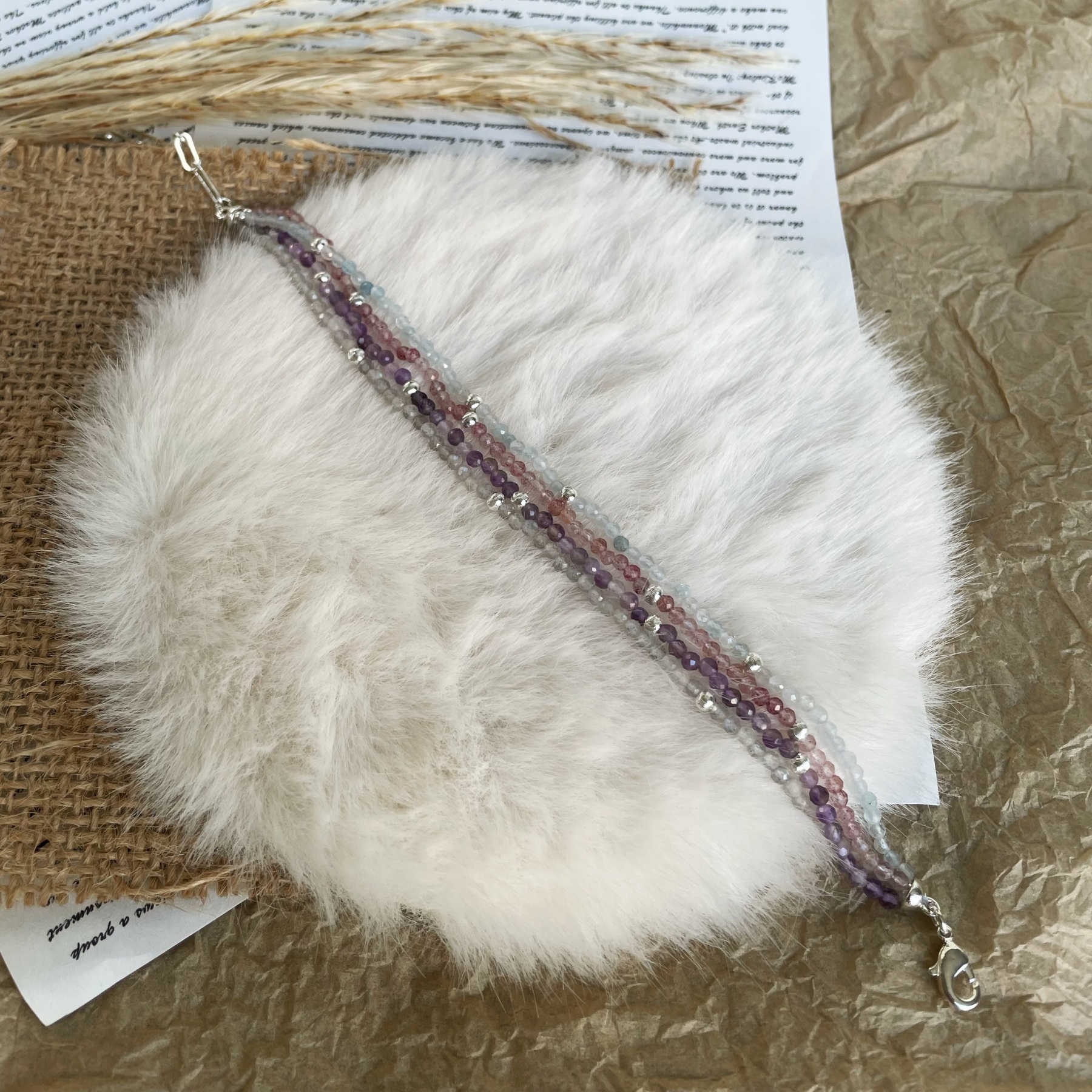 Handmade Dreamy Four Layers Gemstone Bracelet Amethyst Labradorite Strawberry Quartz and Aquamarine