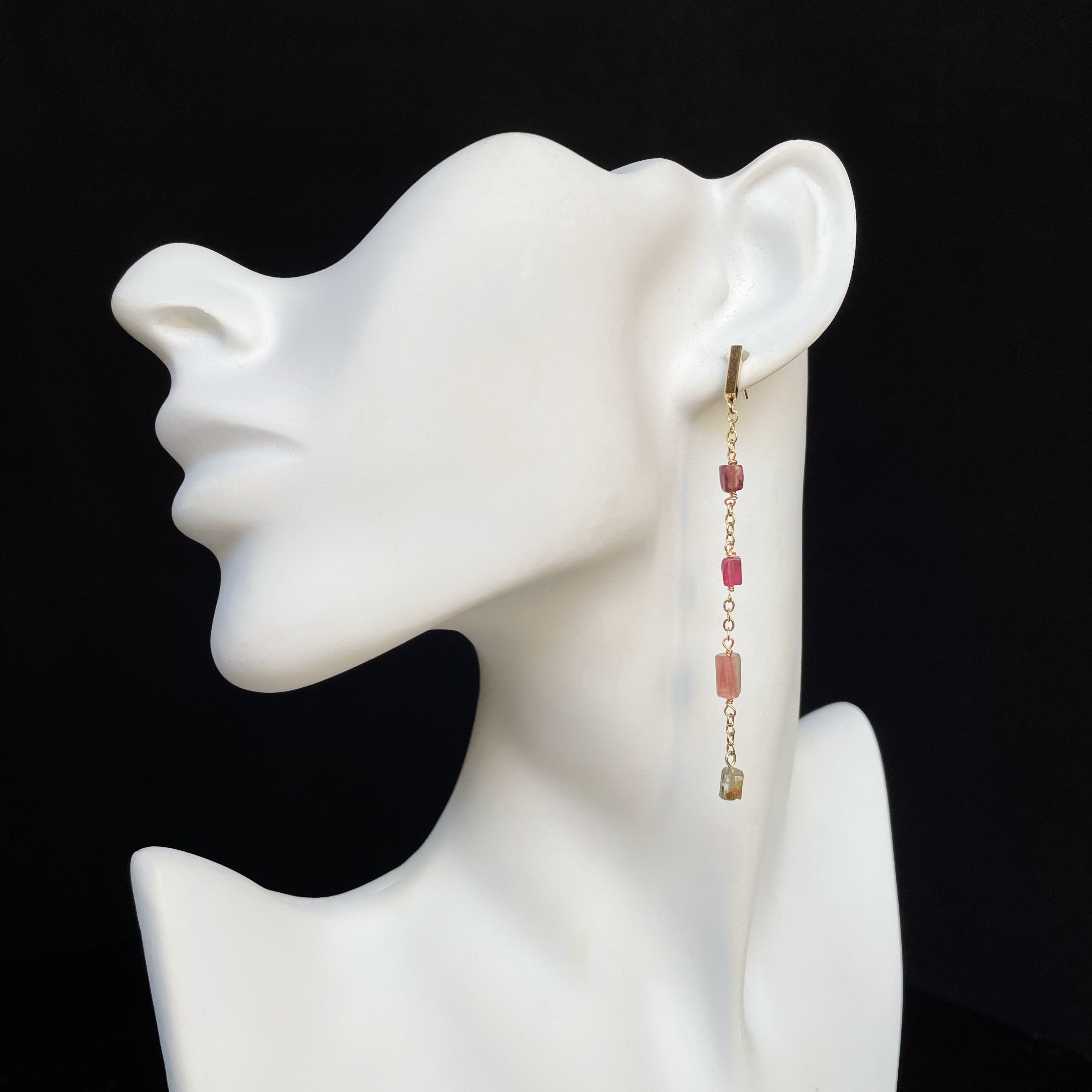 Handmade Raw Column Tourmaline Elegant Minimal Gold Chain Dangles Long Drop Earrings One-of-a-Kind