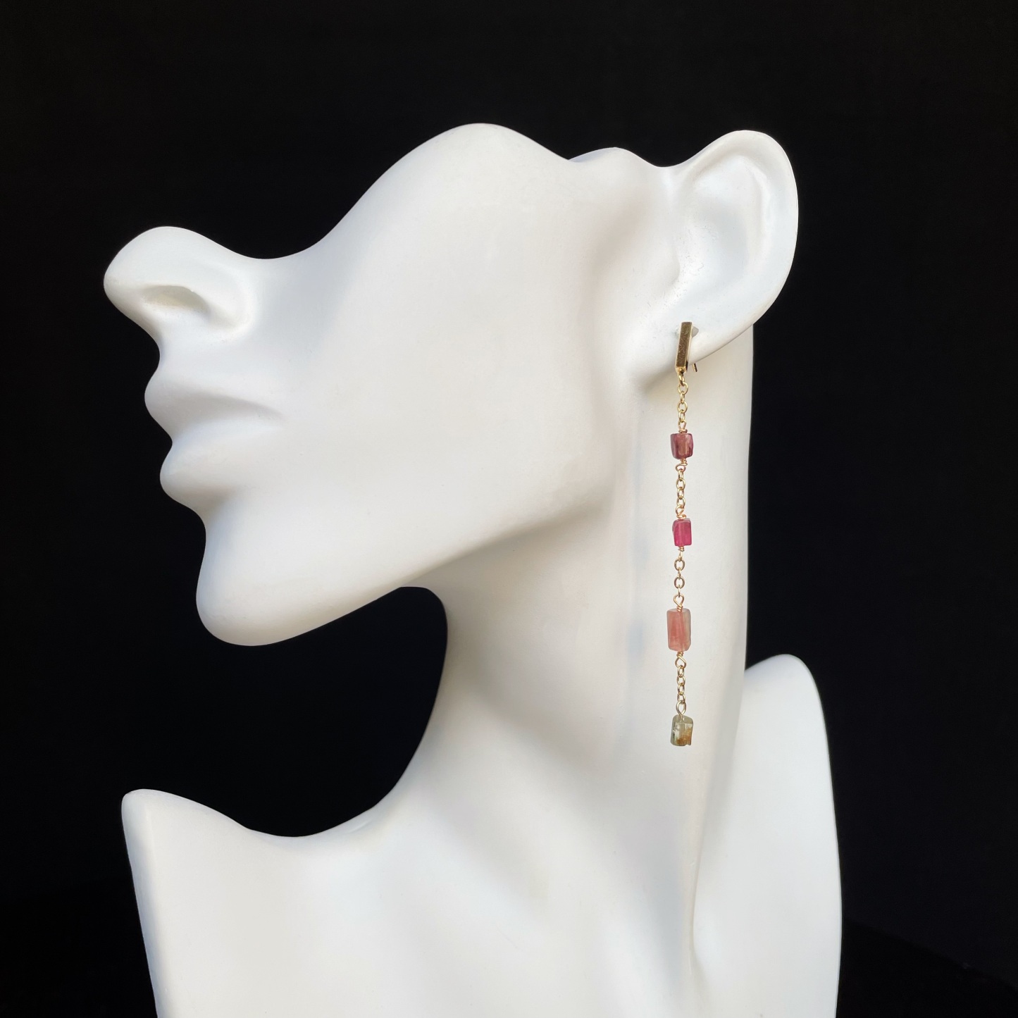 Handmade Raw Column Tourmaline Elegant Minimal Gold Chain Dangles Long Drop Earrings One-of-a-Kind