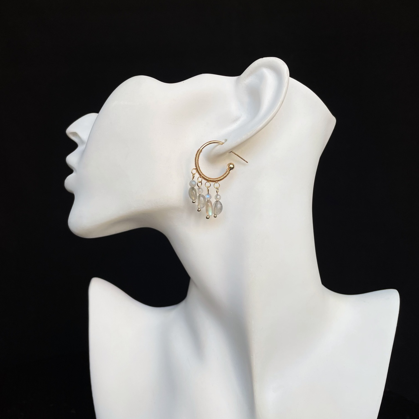 Handmade Delicate Wirewrapped Labradorite Fringe Drop Hoop Earrings 