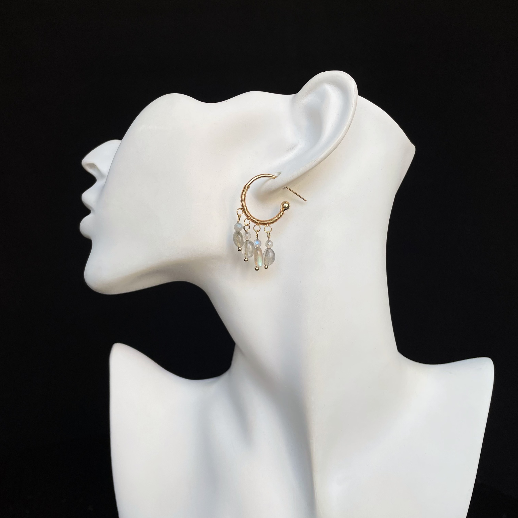 Handmade Delicate Wirewrapped Labradorite Fringe Drop Hoop Earrings 