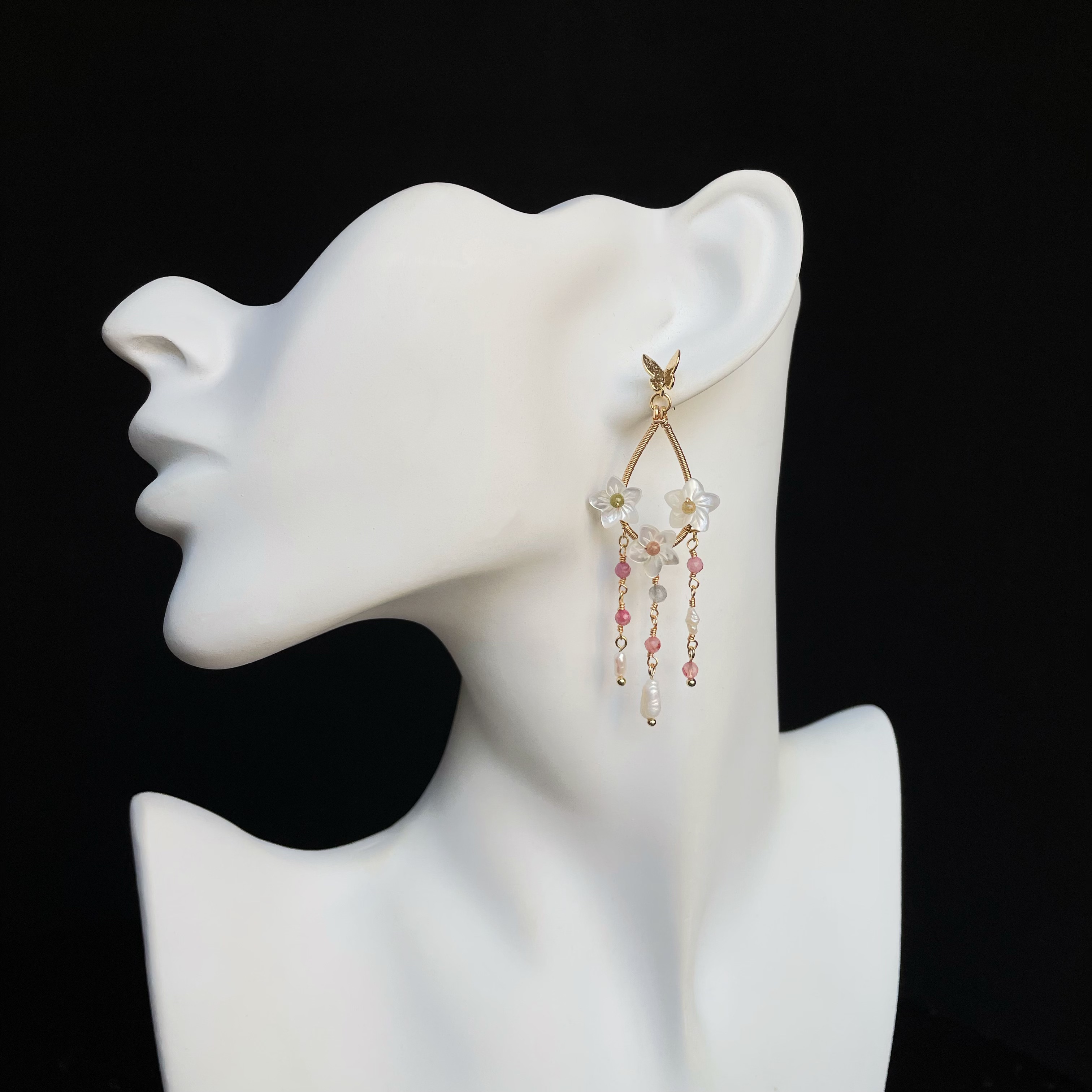 Handmade Blossom Whisper Mother of Pearl Flower Earrings with Pink Tourmaline and Keshi Pearls Drop