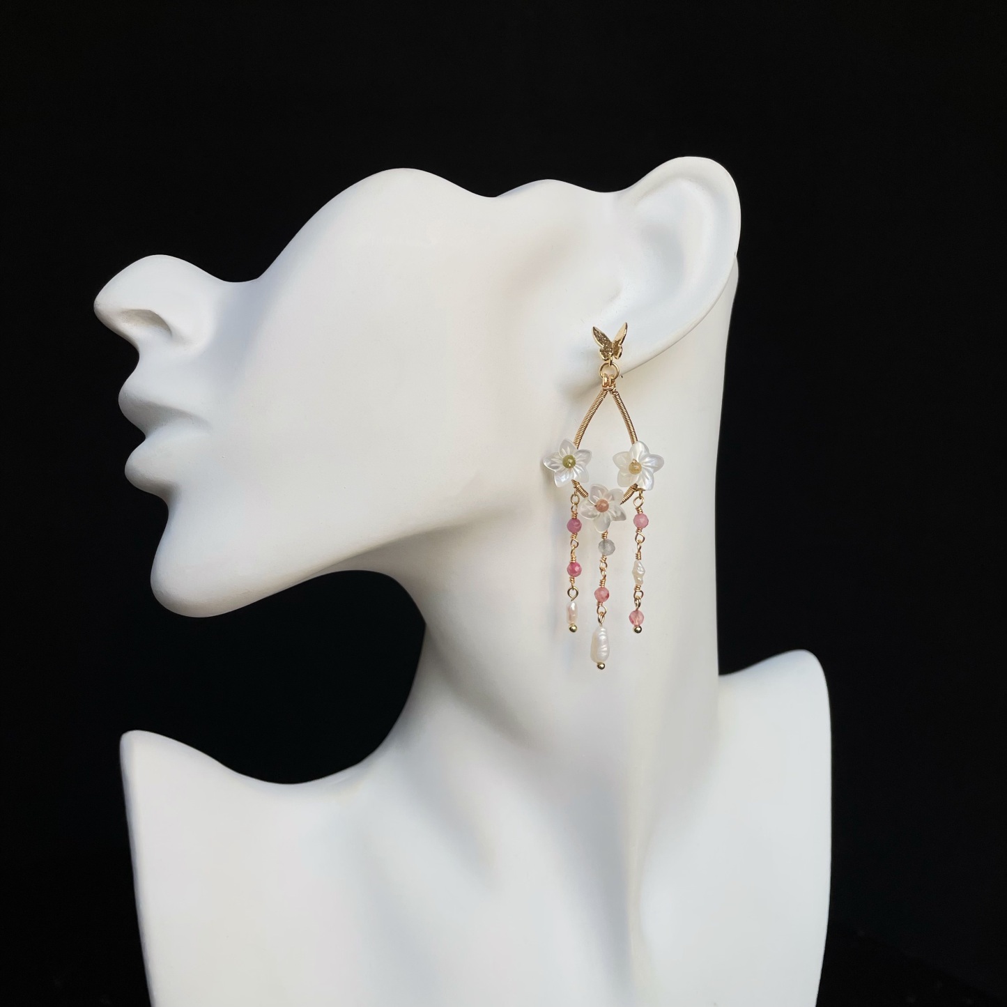 Handmade Blossom Whisper Mother of Pearl Flower Earrings with Pink Tourmaline and Keshi Pearls Drop