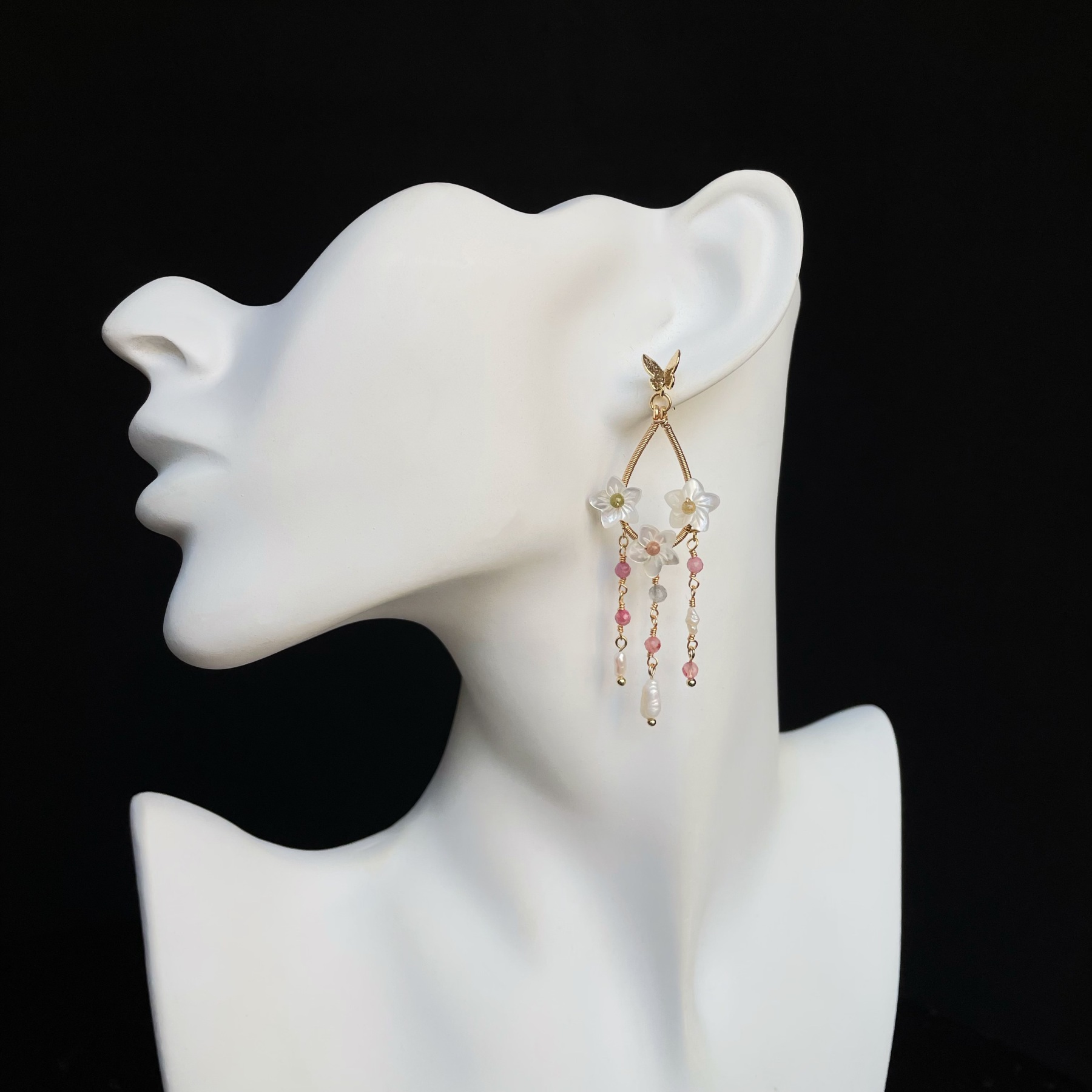 Handmade Blossom Whisper Mother of Pearl Flower Earrings with Pink Tourmaline and Keshi Pearls Drop