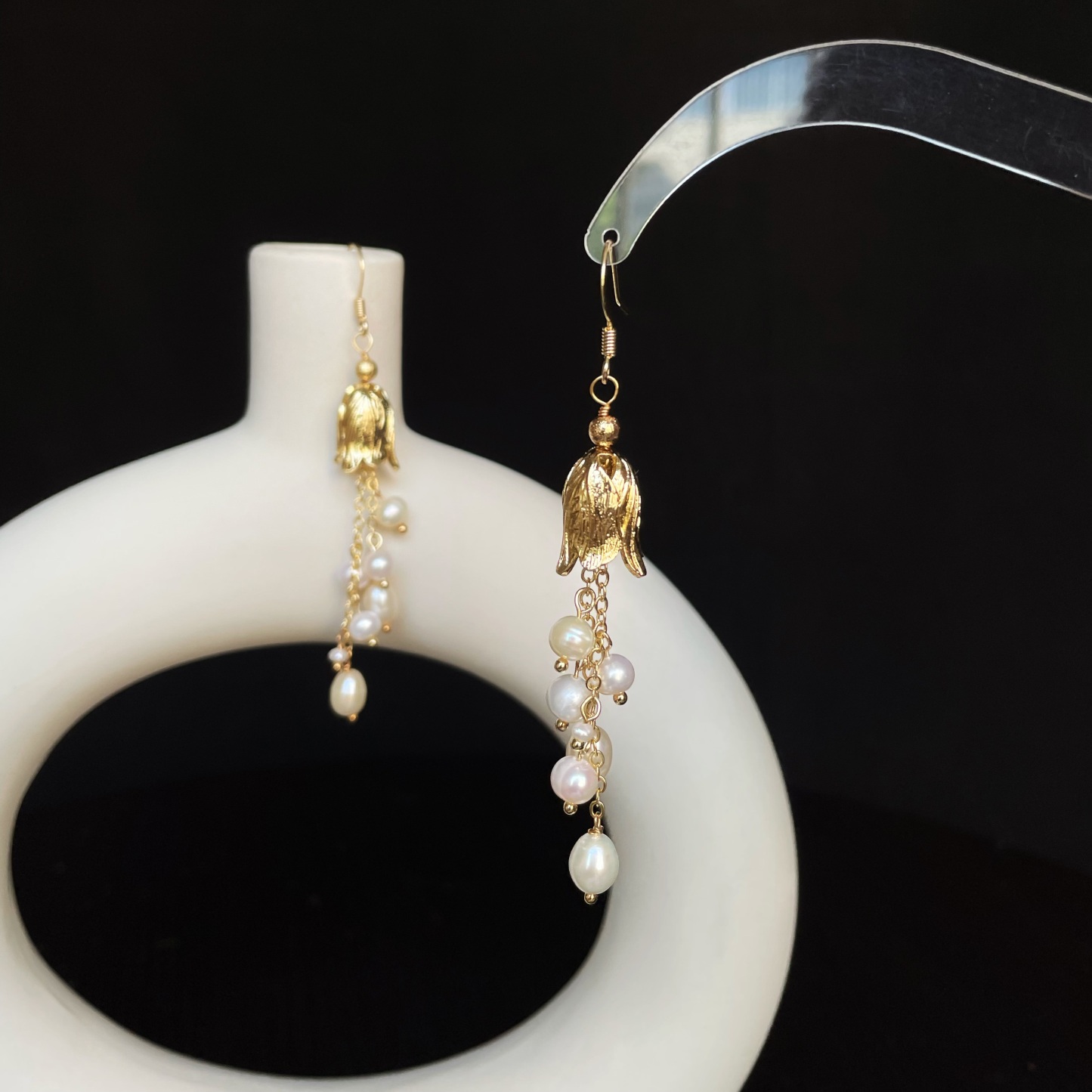 Handmade Delicate Pearls Drop Lily of the Valley Long Earrings