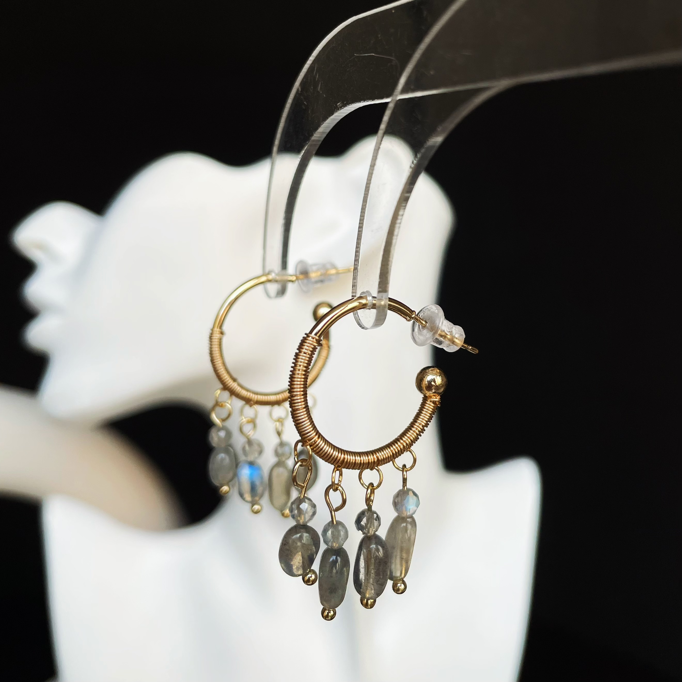 Handmade Delicate Wirewrapped Labradorite Fringe Drop Hoop Earrings 