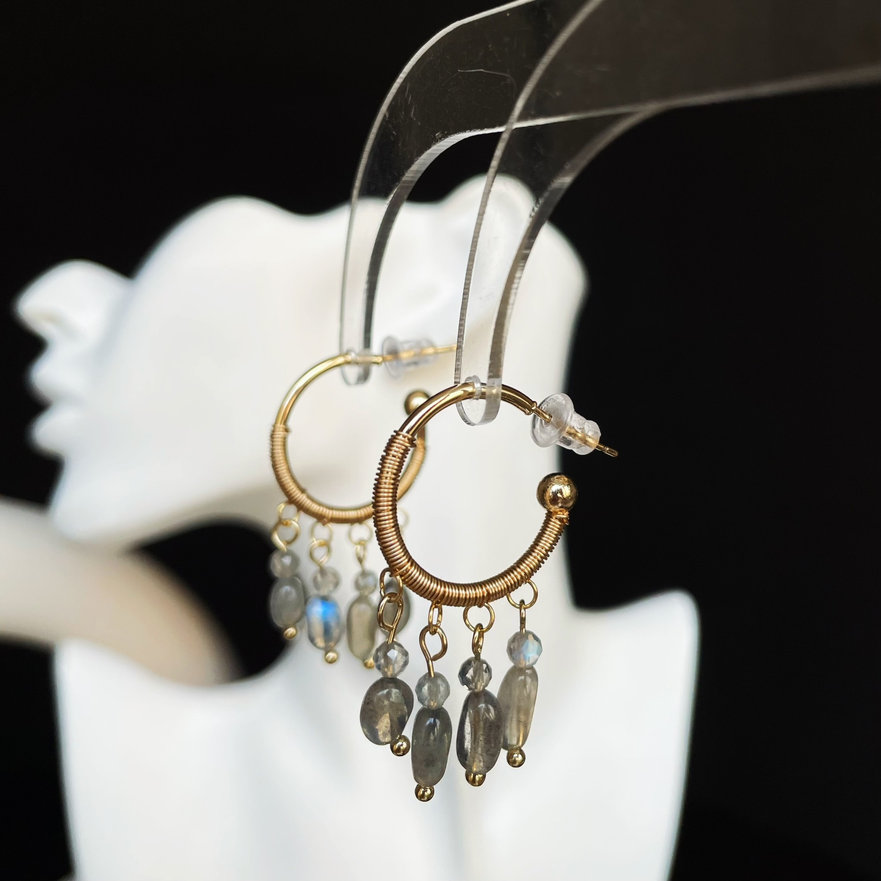 Handmade Delicate Wirewrapped Labradorite Fringe Drop Hoop Earrings 