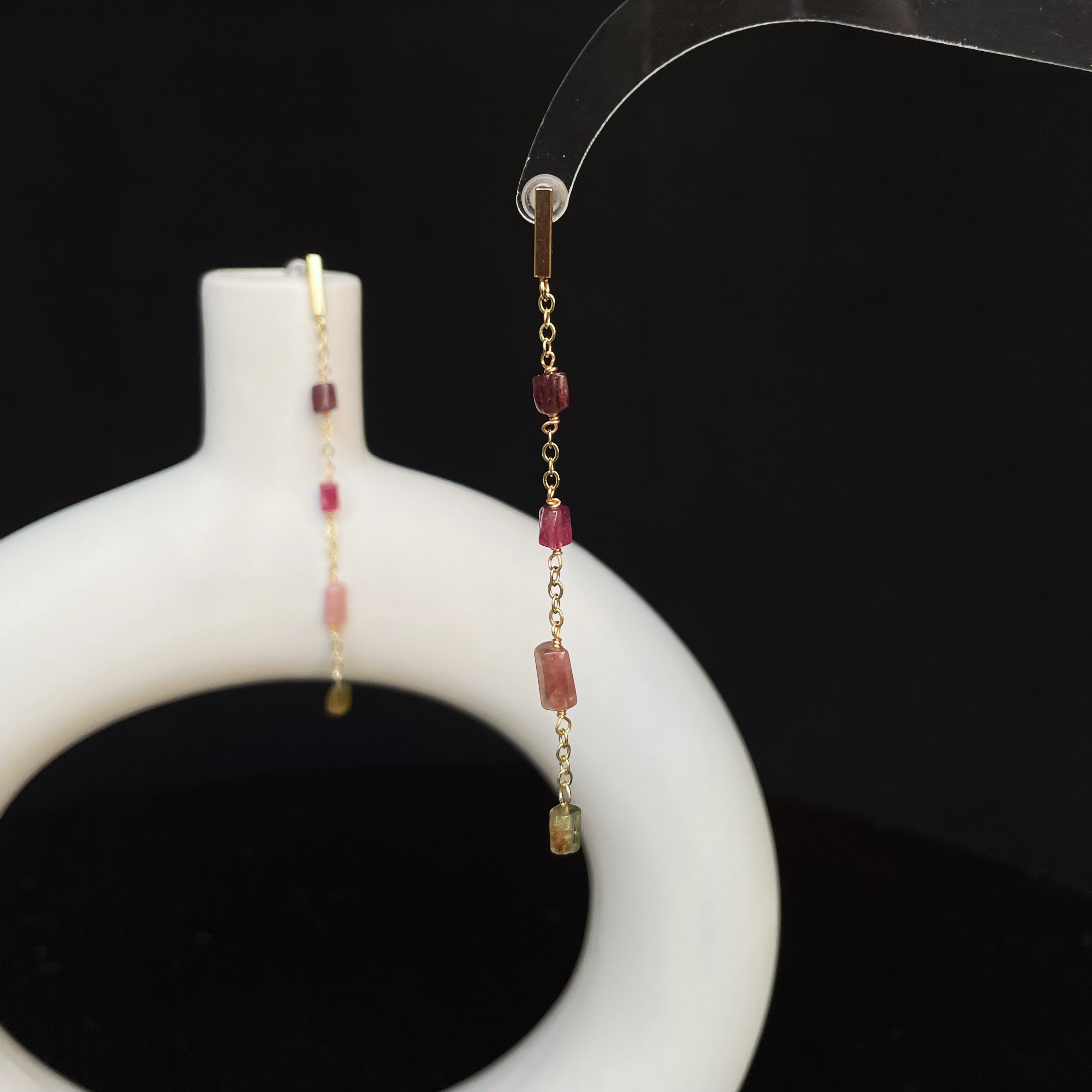 Handmade Raw Column Tourmaline Elegant Minimal Gold Chain Dangles Long Drop Earrings One-of-a-Kind