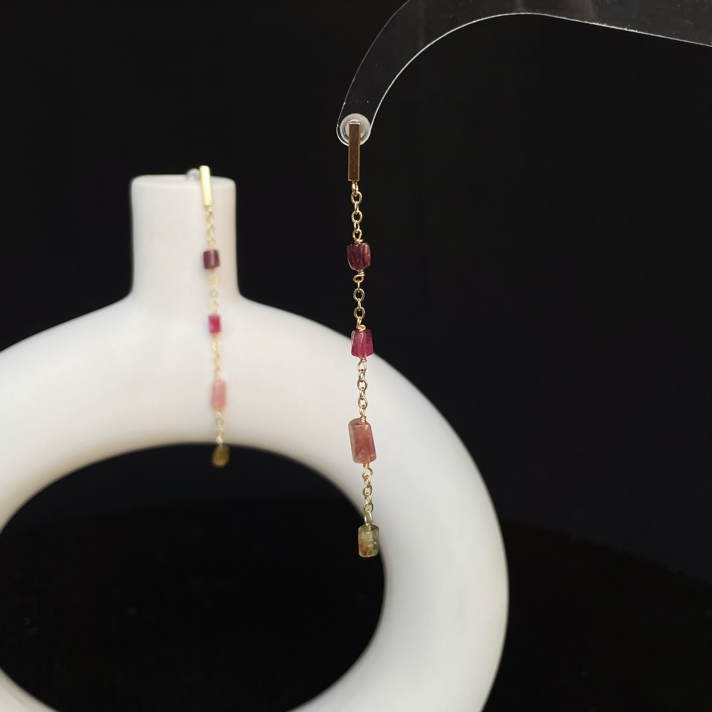 Handmade Raw Column Tourmaline Elegant Minimal Gold Chain Dangles Long Drop Earrings One-of-a-Kind