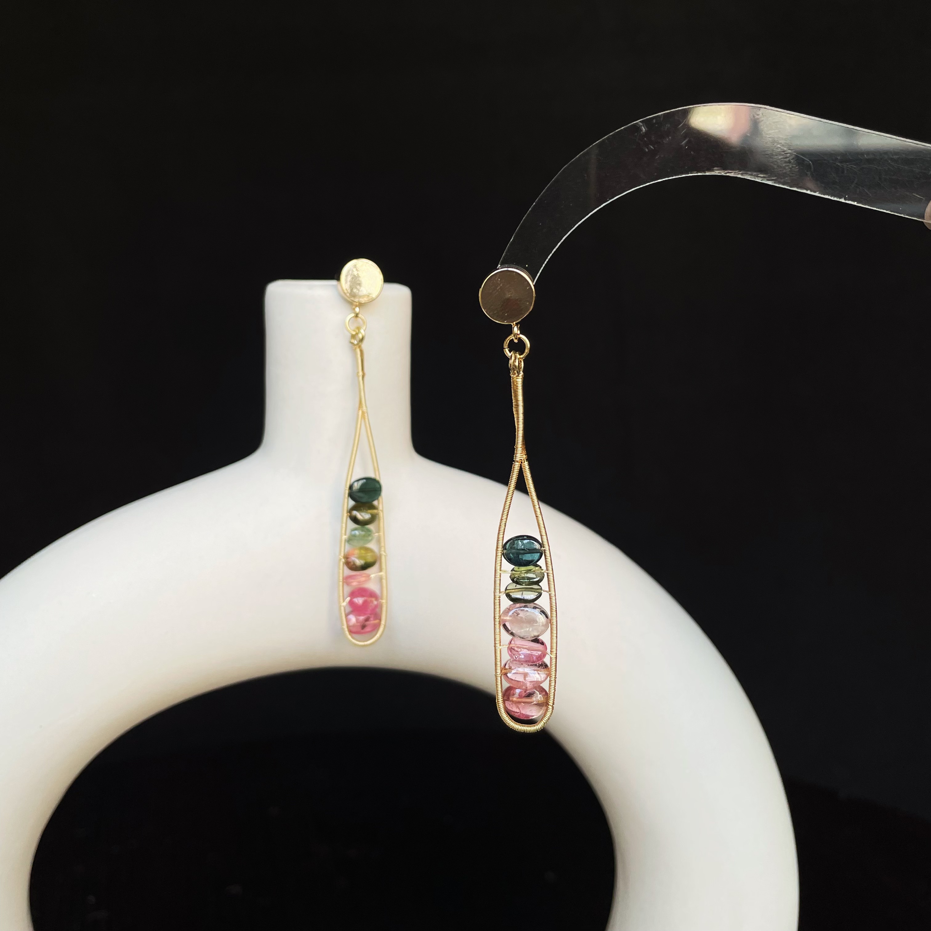 Handmade Cocktai Inspired Wire Wrapped Colorful Tourmaline Long Earrings One-of-a-Kind