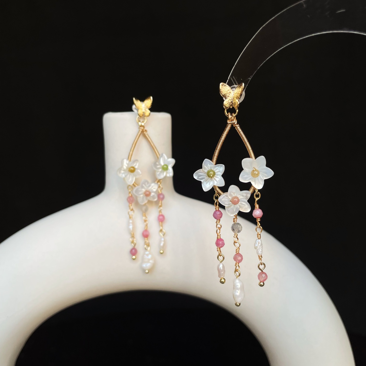 Handmade Blossom Whisper Mother of Pearl Flower Earrings with Pink Tourmaline and Keshi Pearls Drop