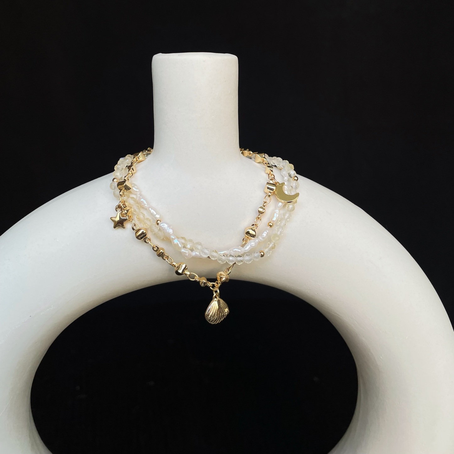 Handmade Delicate Celestial Shores Triple Layer Bracelet made of Keshi Pearl and Citrine