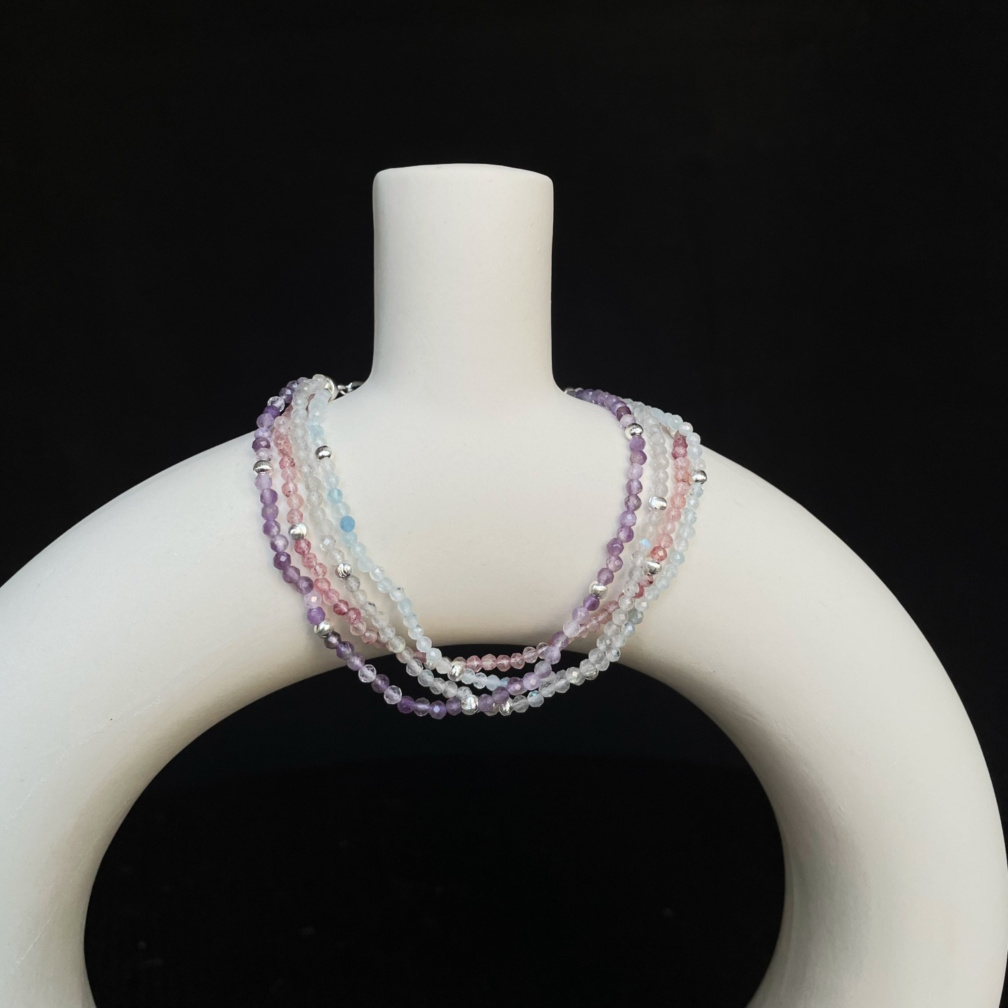 Handmade Dreamy Four Layers Gemstone Bracelet Amethyst Labradorite Strawberry Quartz and Aquamarine