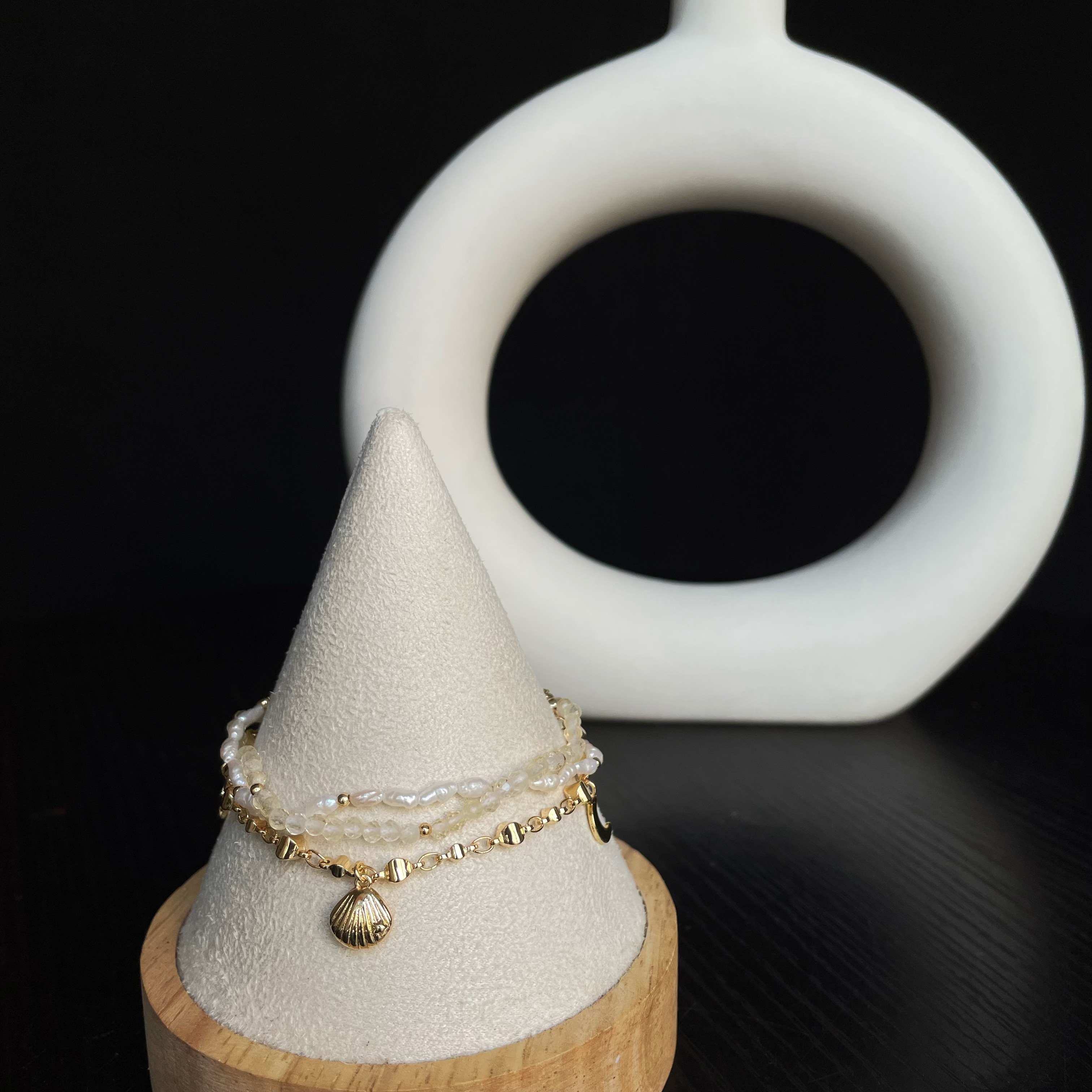 Handmade Delicate Celestial Shores Triple Layer Bracelet made of Keshi Pearl and Citrine