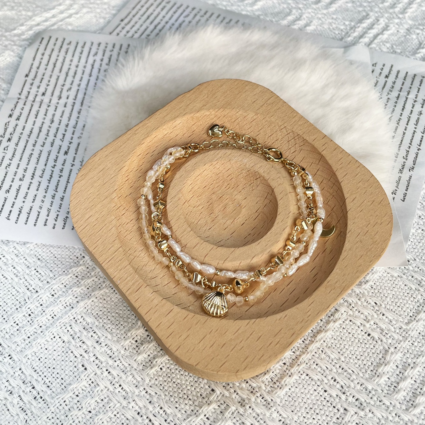 Handmade Delicate Celestial Shores Triple Layer Bracelet made of Keshi Pearl and Citrine