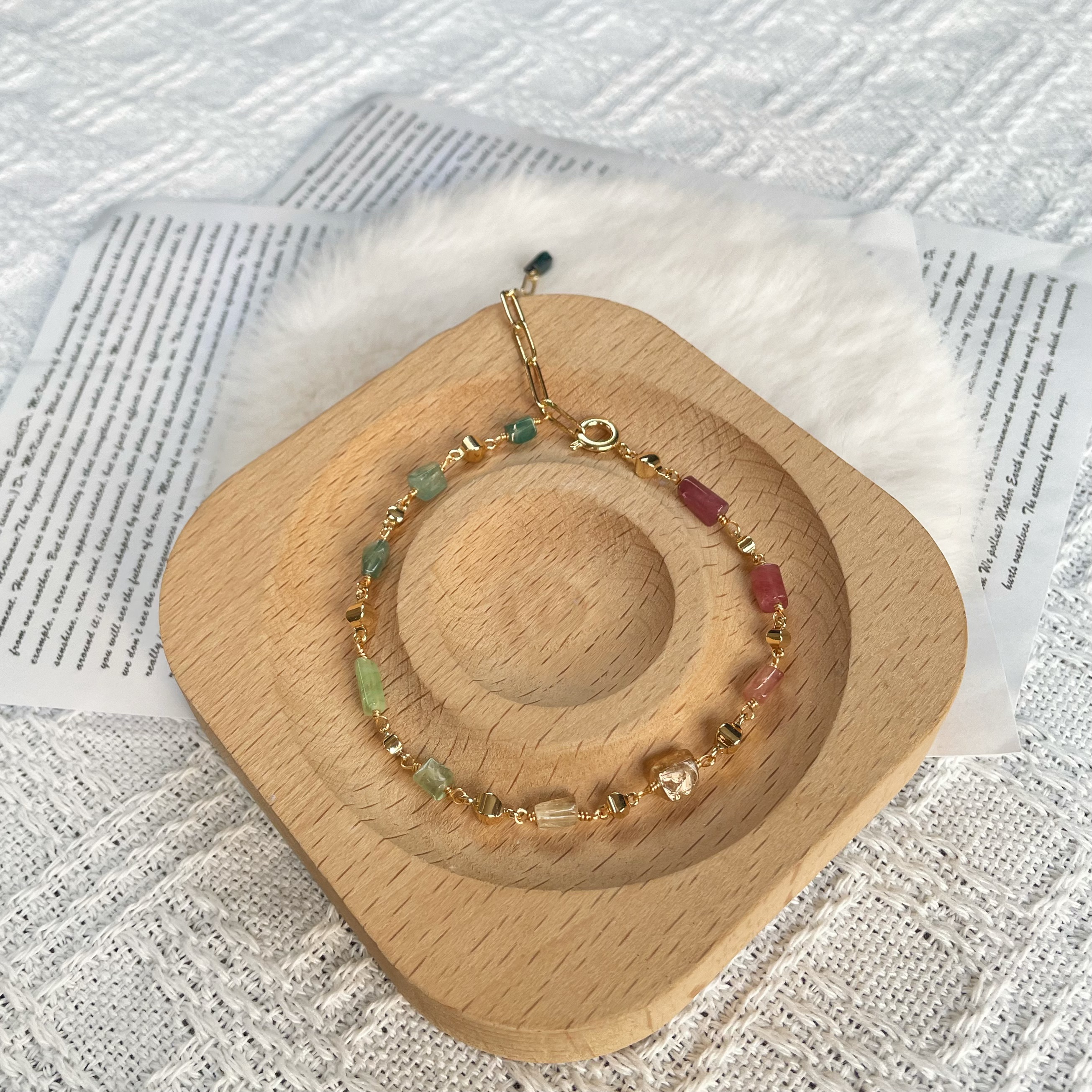 Handmade Minimalist Gradient Raw Tourmaline Rainbow Beads Bracelet One-of-a-Kind