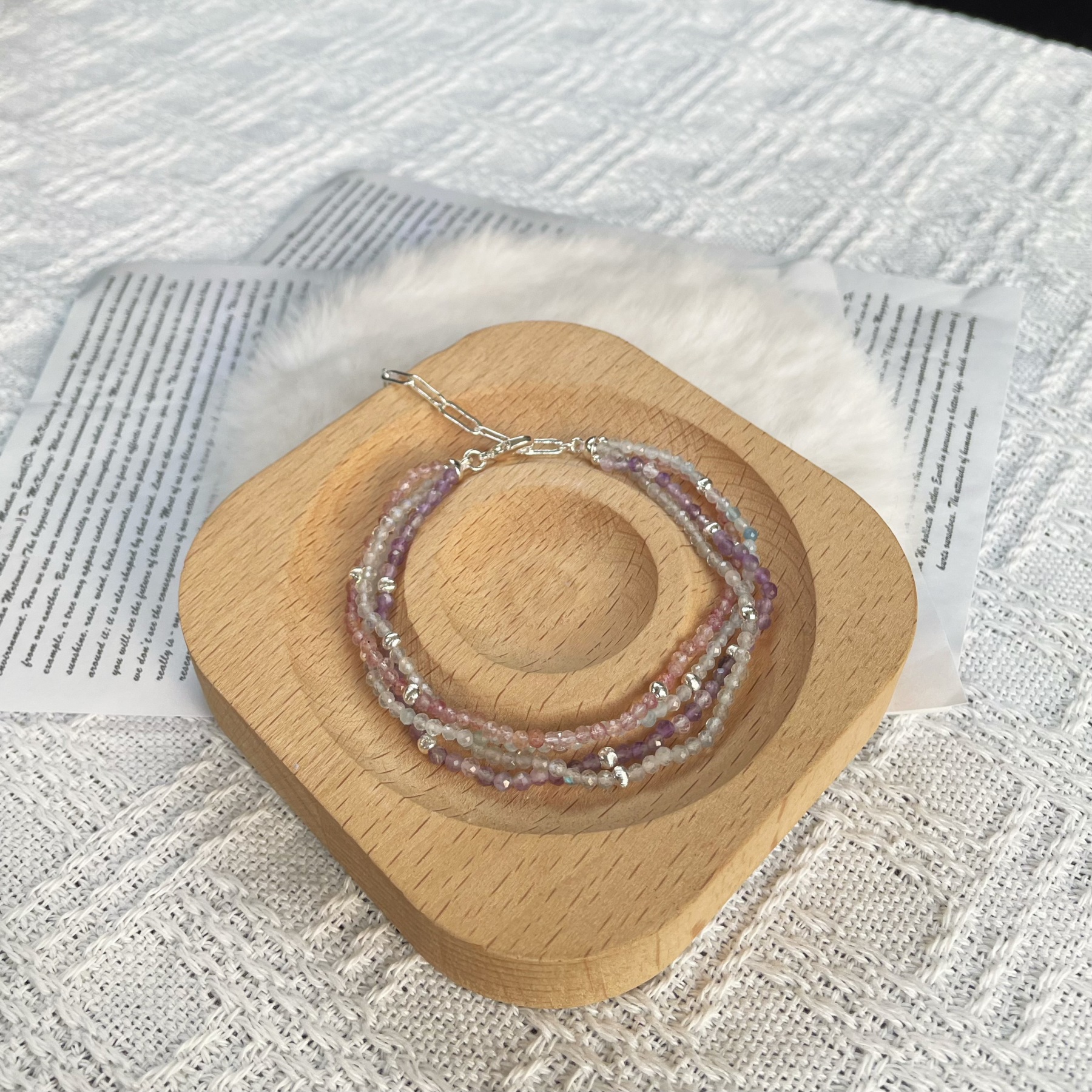 Handmade Dreamy Four Layers Gemstone Bracelet Amethyst Labradorite Strawberry Quartz and Aquamarine