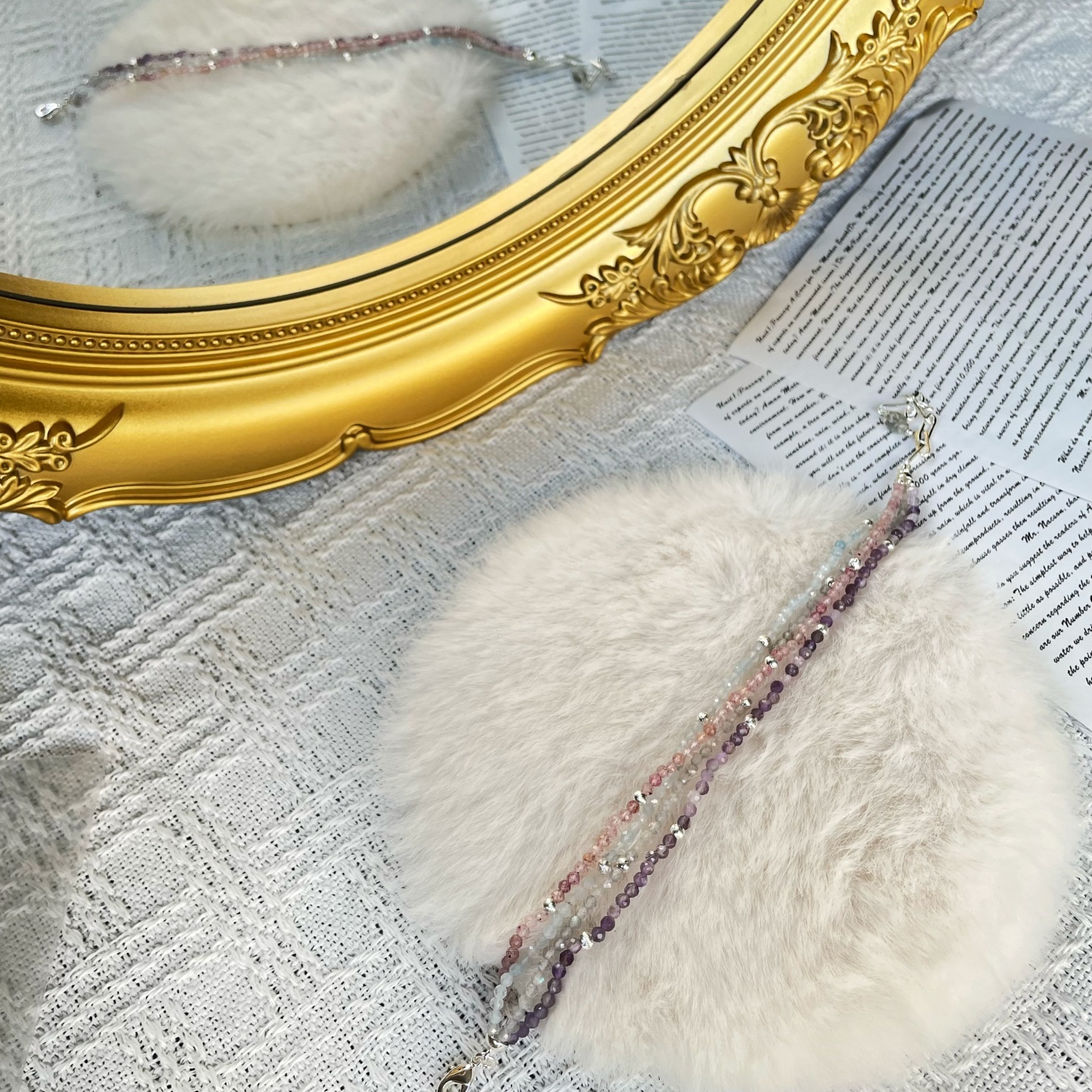 Handmade Dreamy Four Layers Gemstone Bracelet Amethyst Labradorite Strawberry Quartz and Aquamarine