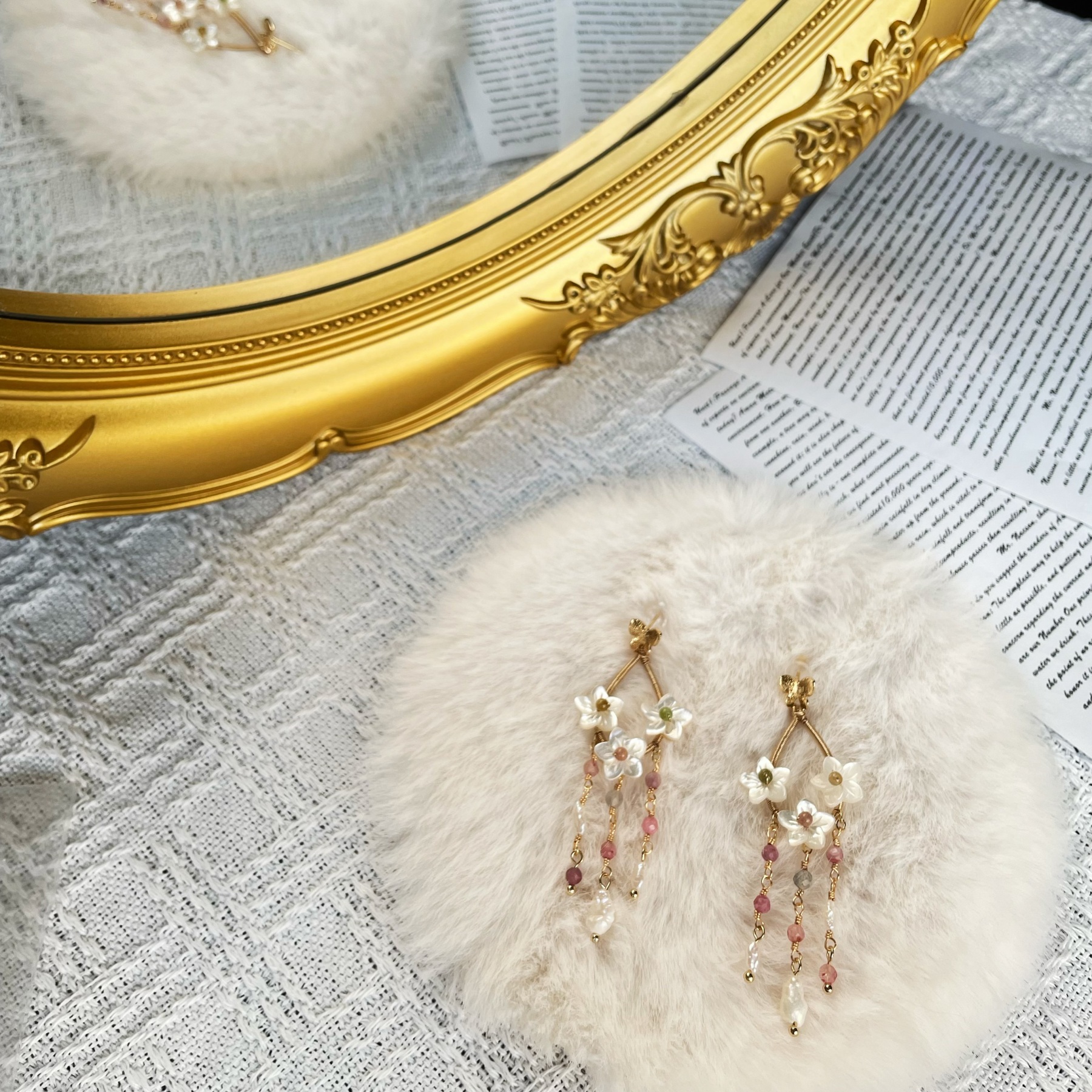 Handmade Blossom Whisper Mother of Pearl Flower Earrings with Pink Tourmaline and Keshi Pearls Drop