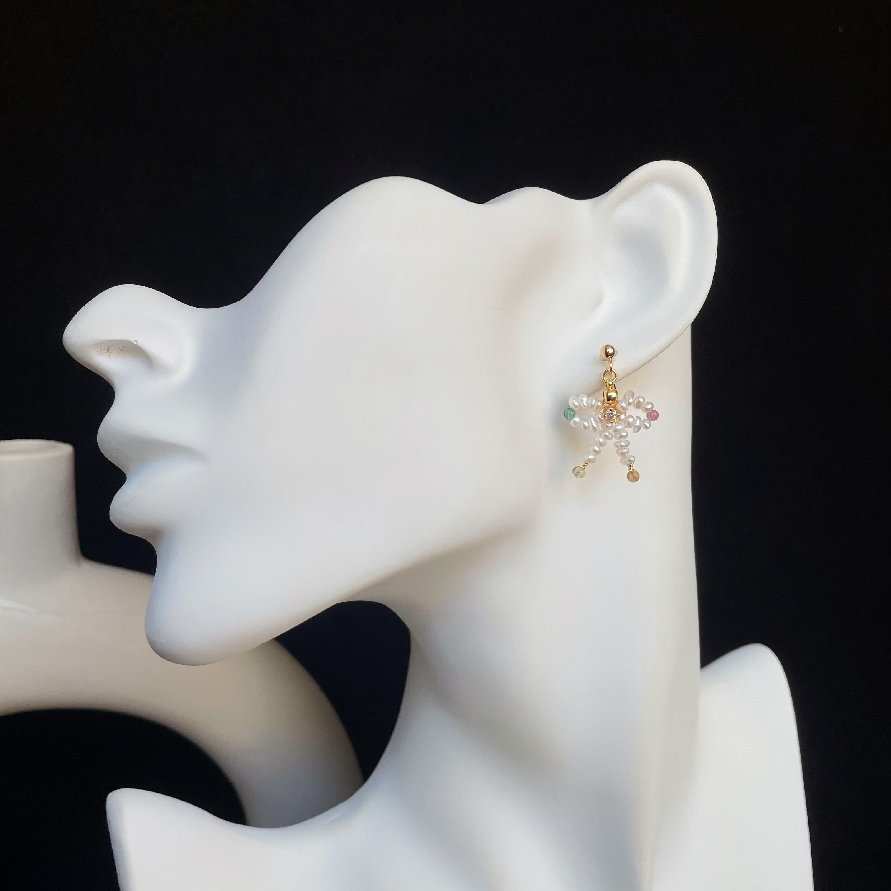 Handmade Dainty Freshwater Pearls and Pastel Tourmaline Bow Earrings Cute Earrings