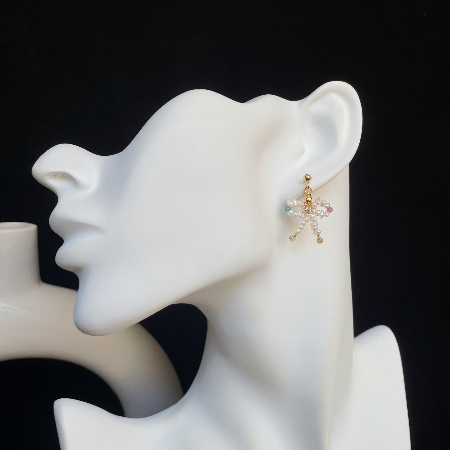 Handmade Dainty Freshwater Pearls and Pastel Tourmaline Bow Earrings Cute Earrings