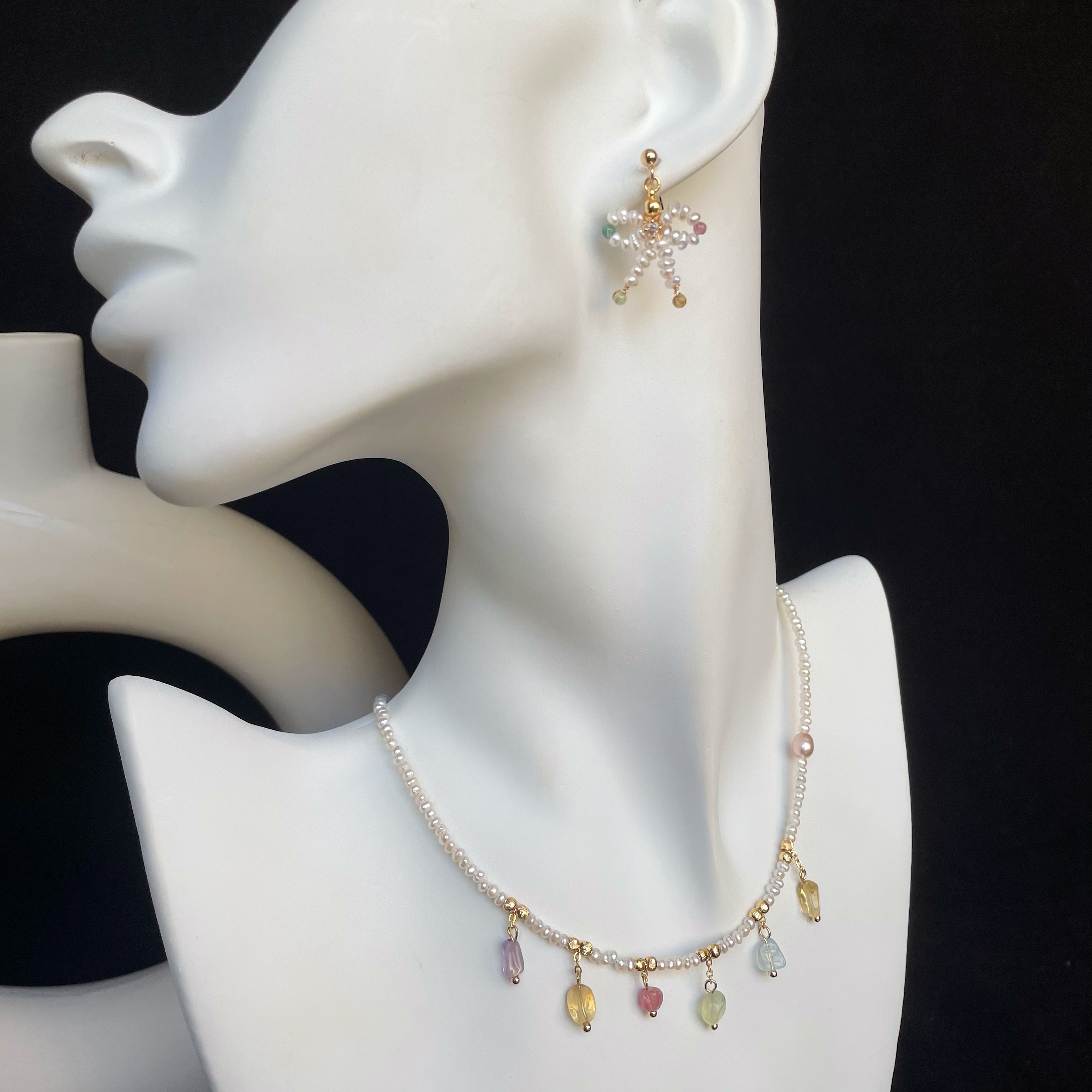 Handmade Mini Freshwater Pearl Short Necklace Choker with Pastel Gemstone Charms Dainty and Sweet 