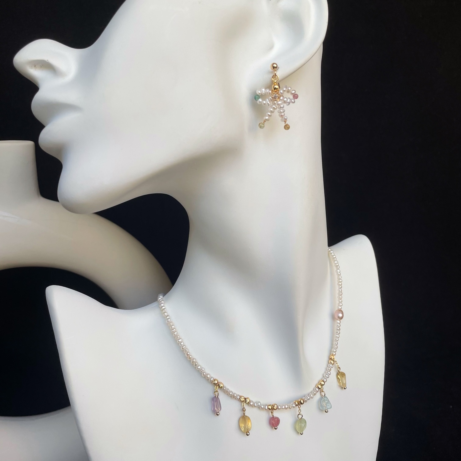 Handmade Mini Freshwater Pearl Short Necklace Choker with Pastel Gemstone Charms Dainty and Sweet 