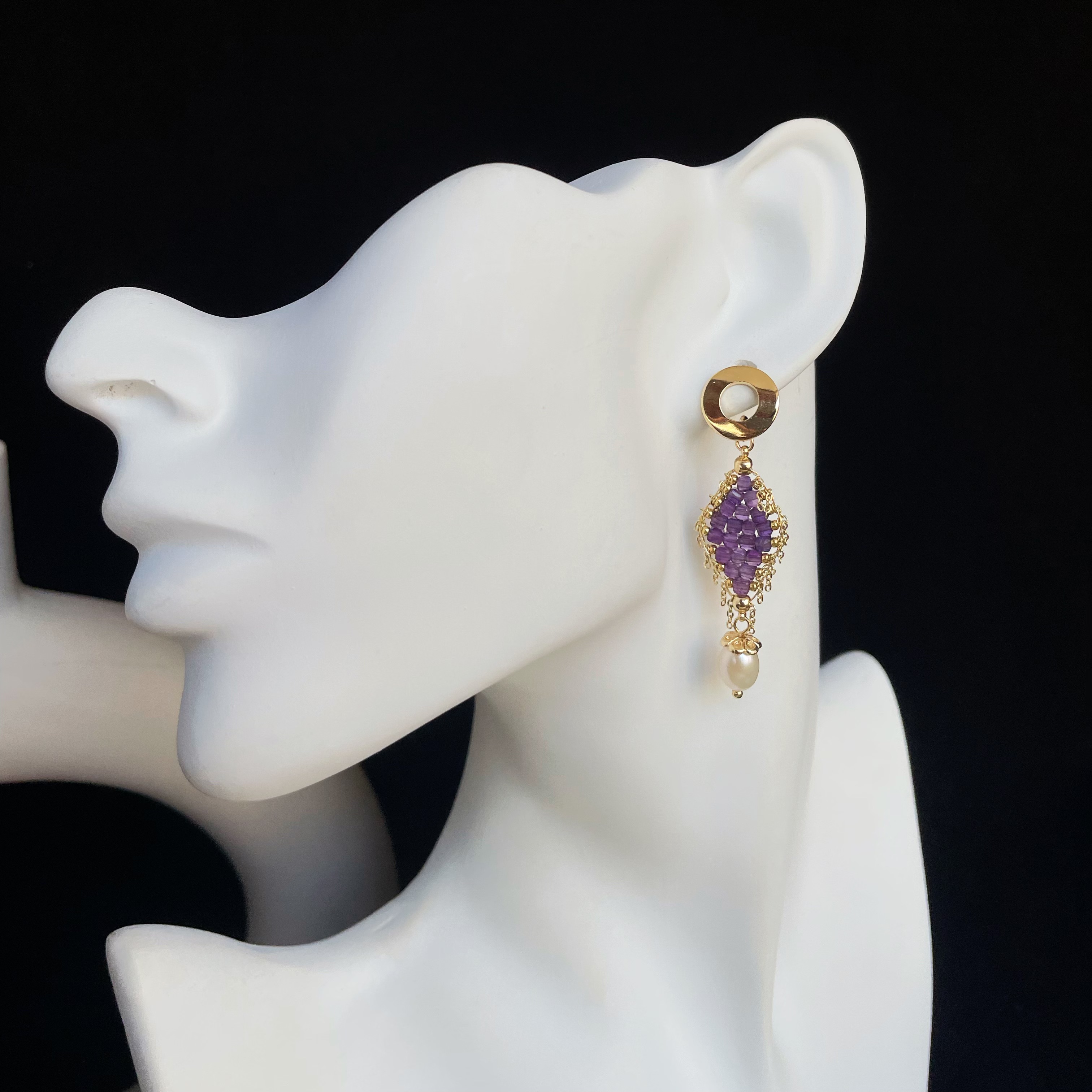 Handmade Amethyst Woven Diamond Shapeds with Freshwater Pearl Drop Earrings