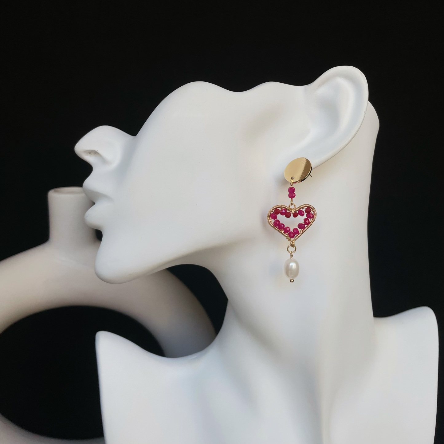 Handmade Wire-Wrapped Ruby Heart Earrings with Freshwater Pearl Drop