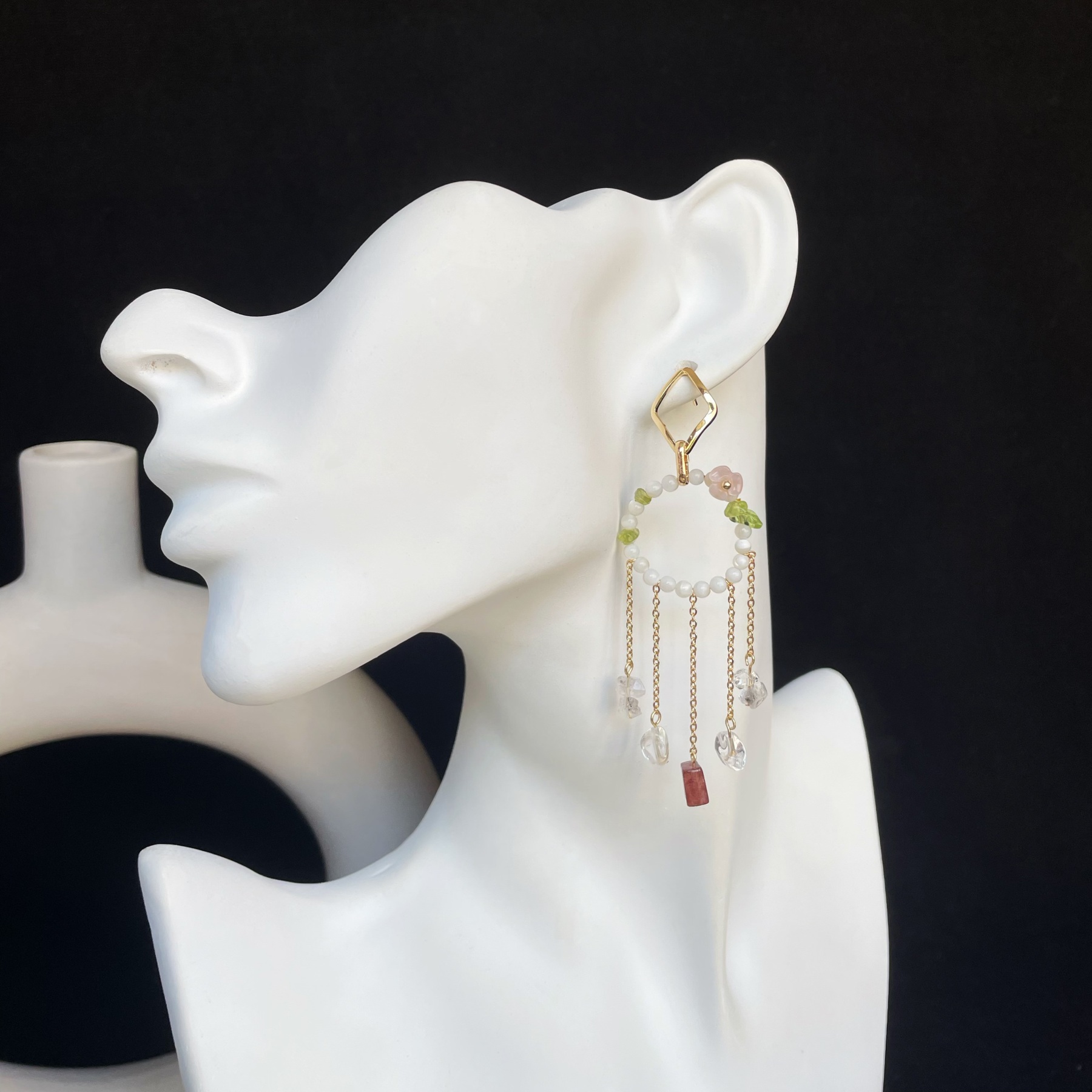 Handmade Dream Mother of Pearl Loop with Peridot Pink Tourmaline and Herkimer Diamond TasselLong Dangle Earrings  