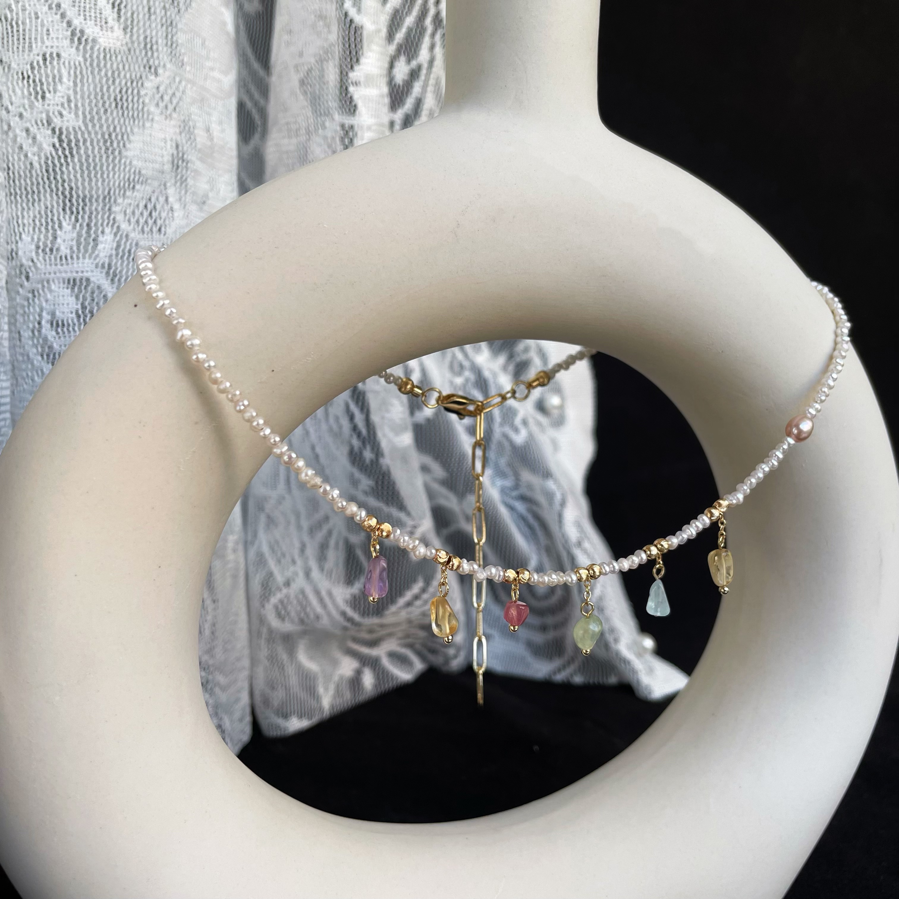 Handmade Mini Freshwater Pearl Short Necklace Choker with Pastel Gemstone Charms Dainty and Sweet 