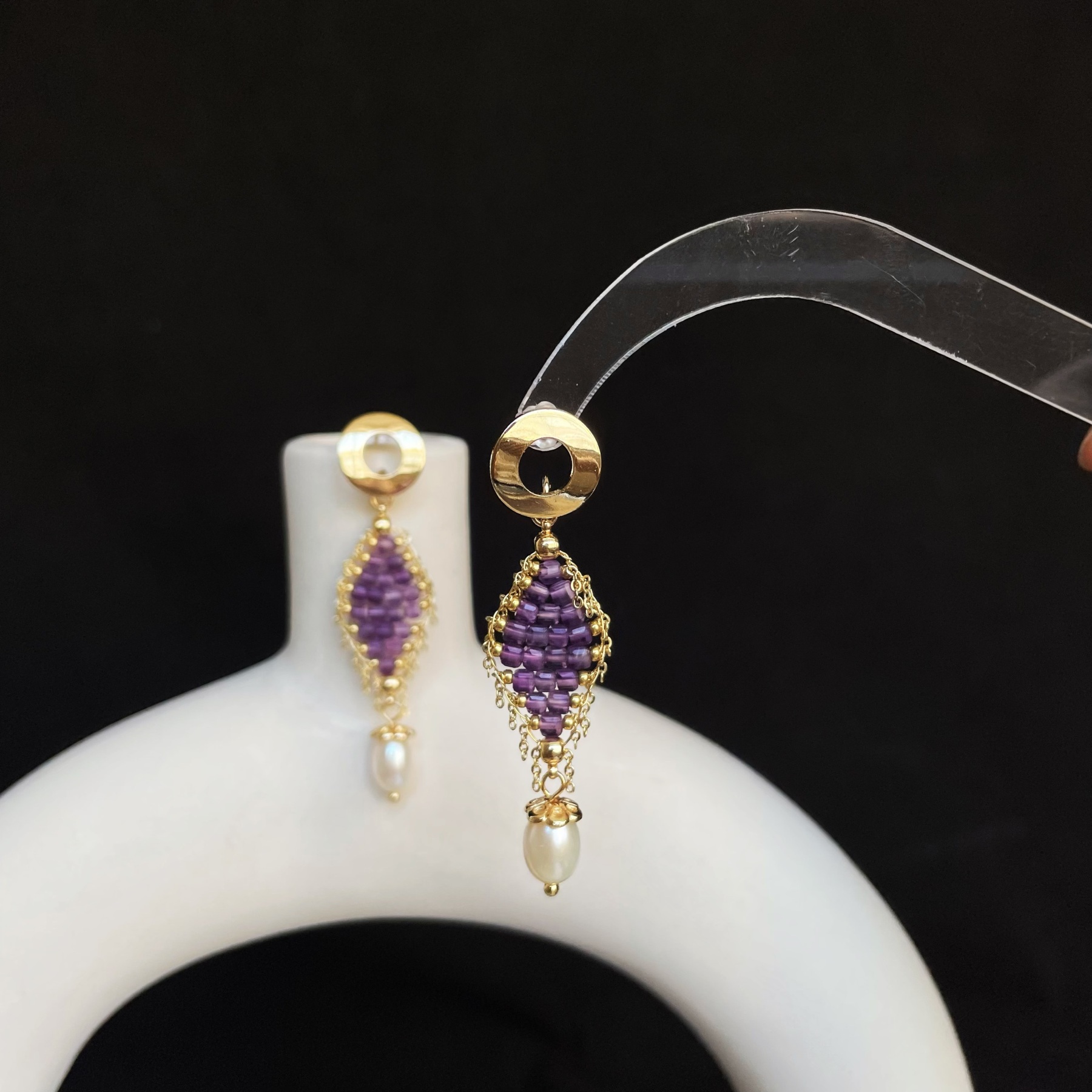 Handmade Amethyst Woven Diamond Shapeds with Freshwater Pearl Drop Earrings